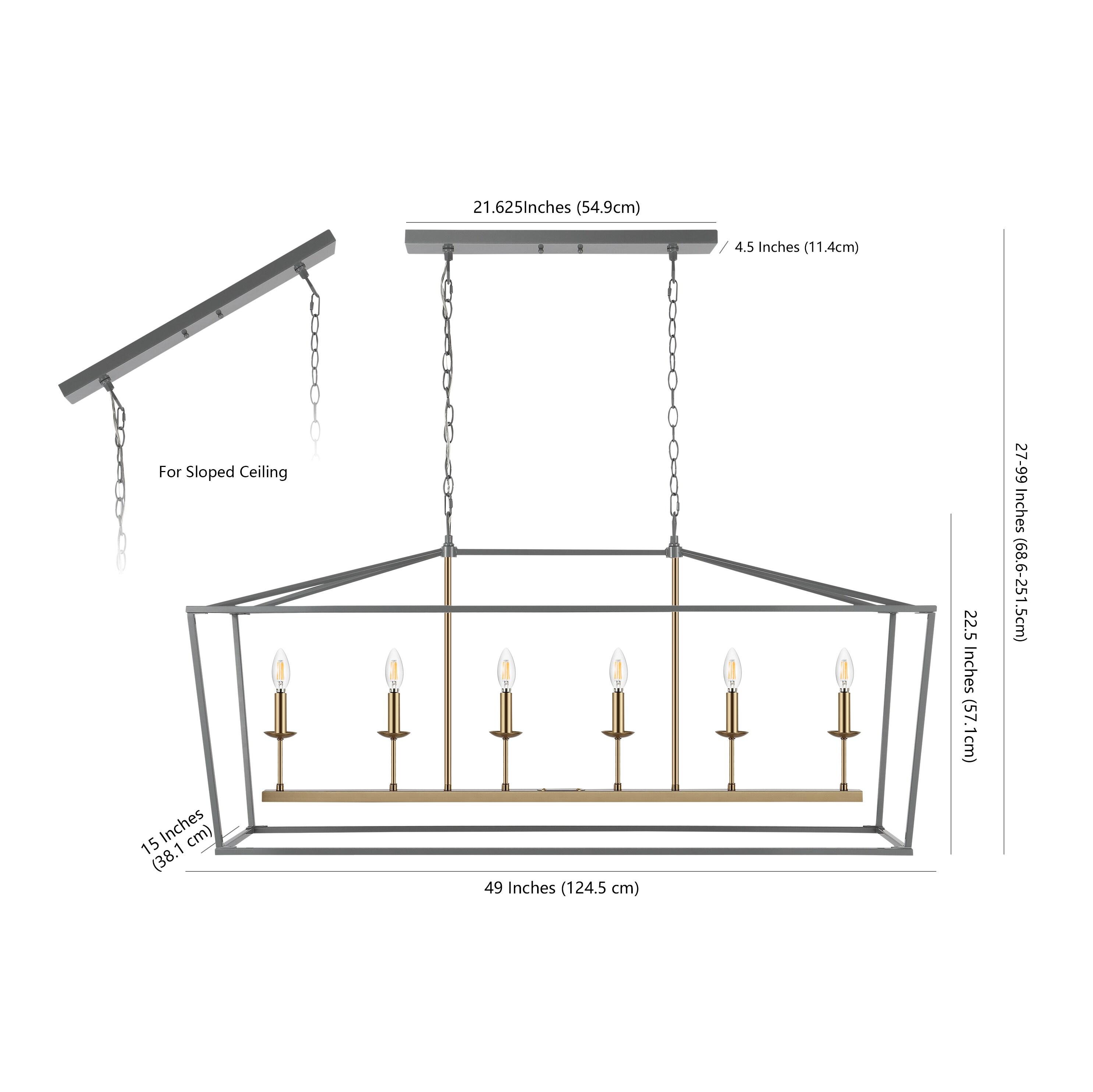Pagoda 49" Linear 6-Bulb Classic Traditional Metal LED Pendant, Gray/Brass Gold