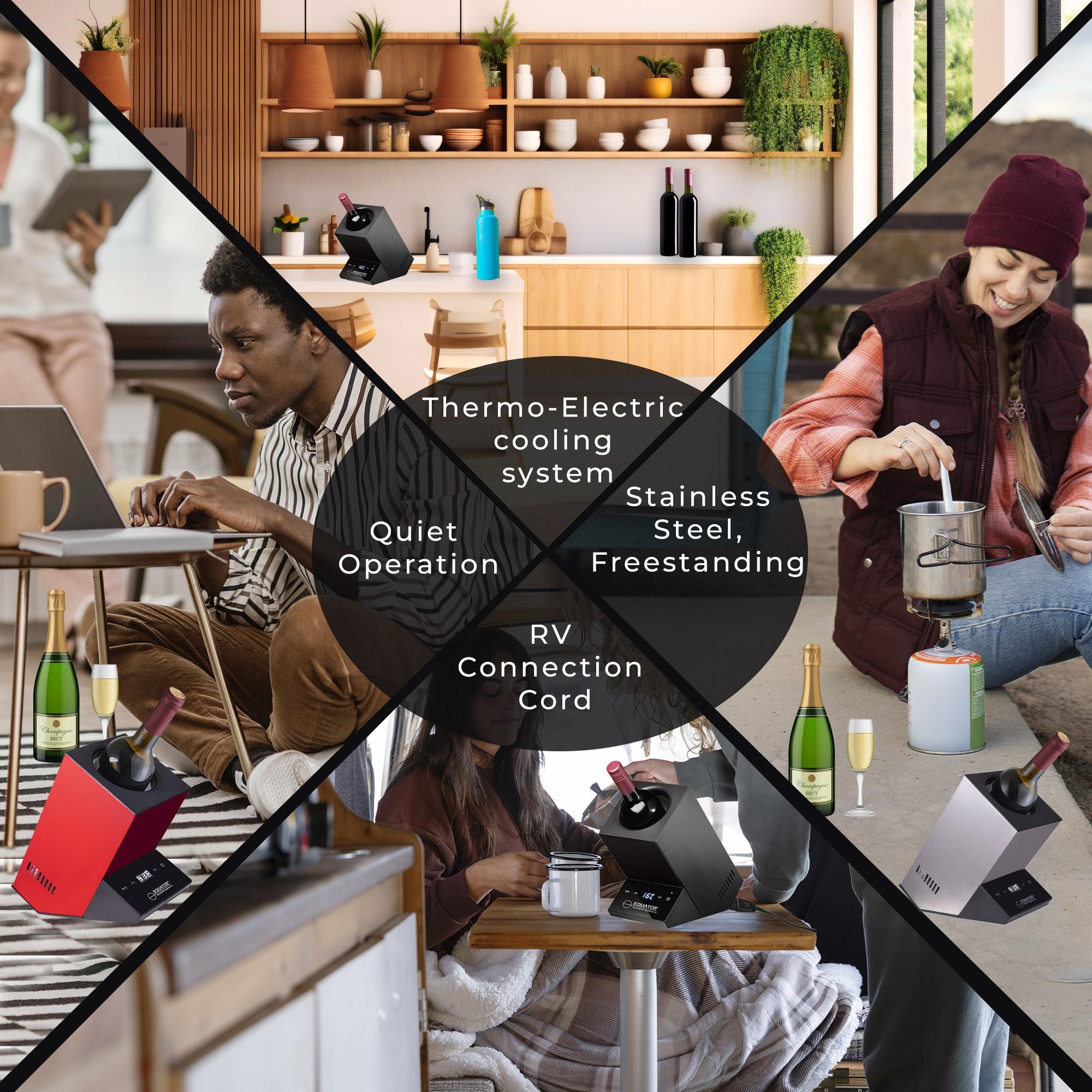 Equator Advanced Appliances Equator 110V/12V Portable Electric Wine Chiller for Red, White, Champagne, and Water Bottles, 750mL Single Bottle Cooler, Stainless Body, Rechargeable, 24h Cold, Ideal for Parties & Gifts