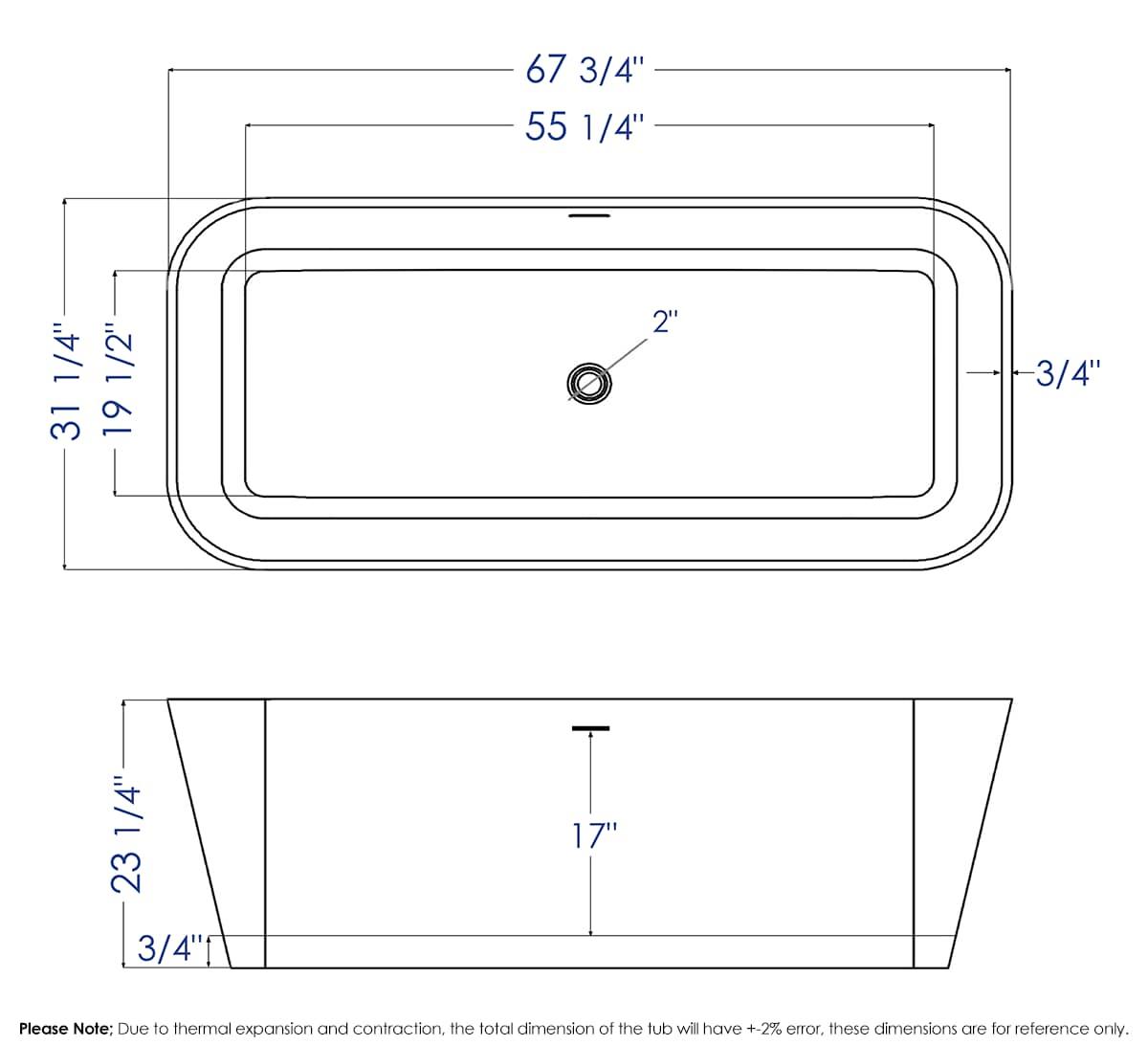 67.75'' x 31.25'' Freestanding Soaking Solid Surface Bathtub