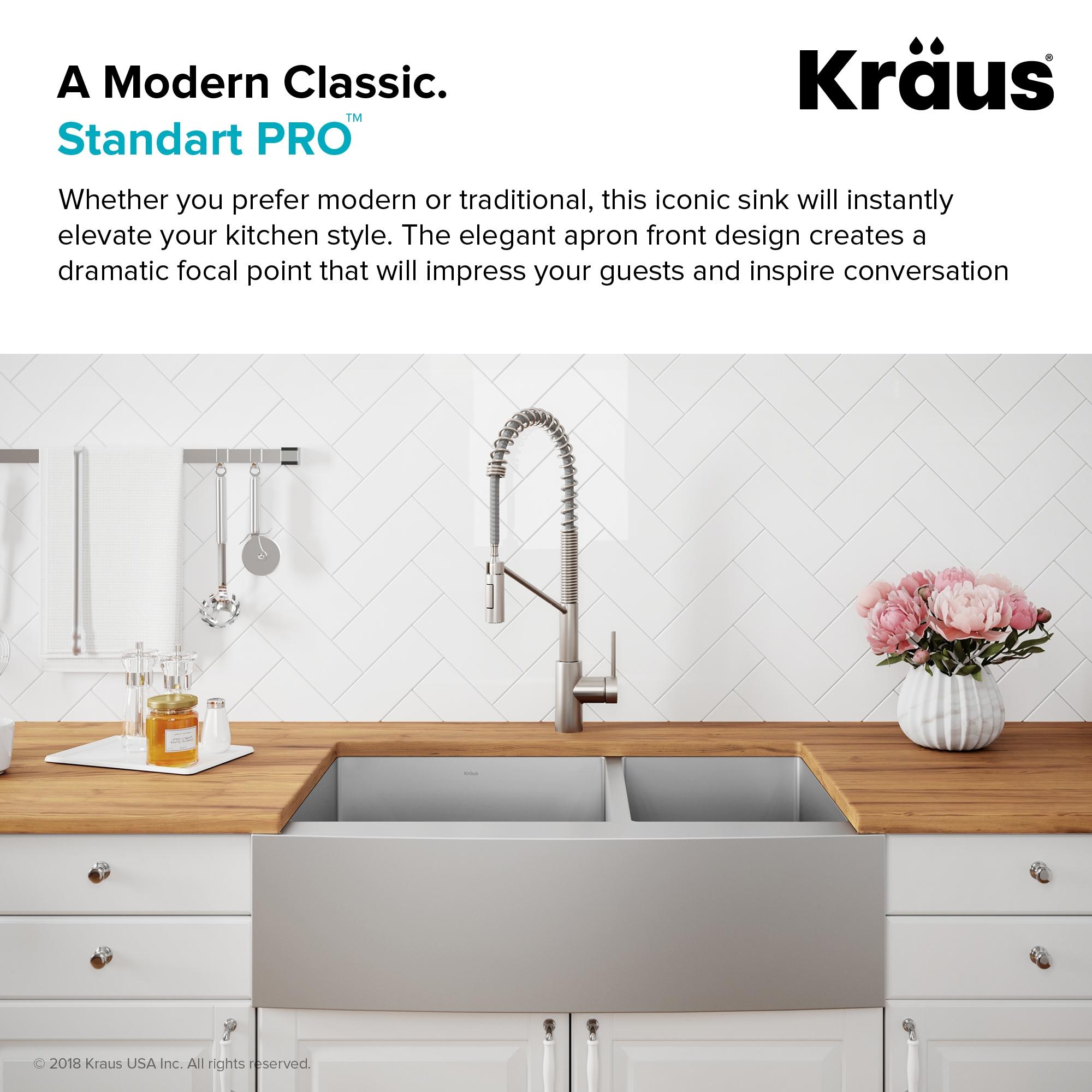 KRAUS Standard PRO™ 36-in Double Bowl Farmhouse Kitchen Sink with WasteGuard™ Garbage Disposal