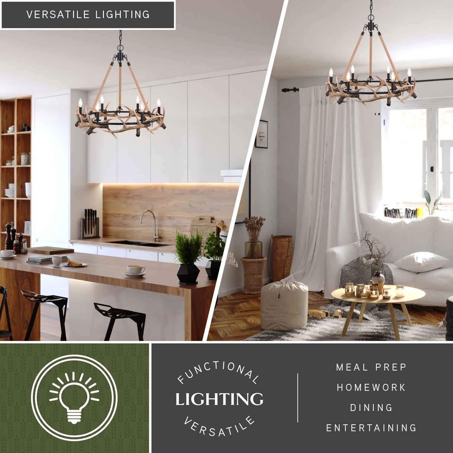 Vaxcel Breckenridge 6 Light Bronze Rustic Antler Chandelier Natural Rope Accent