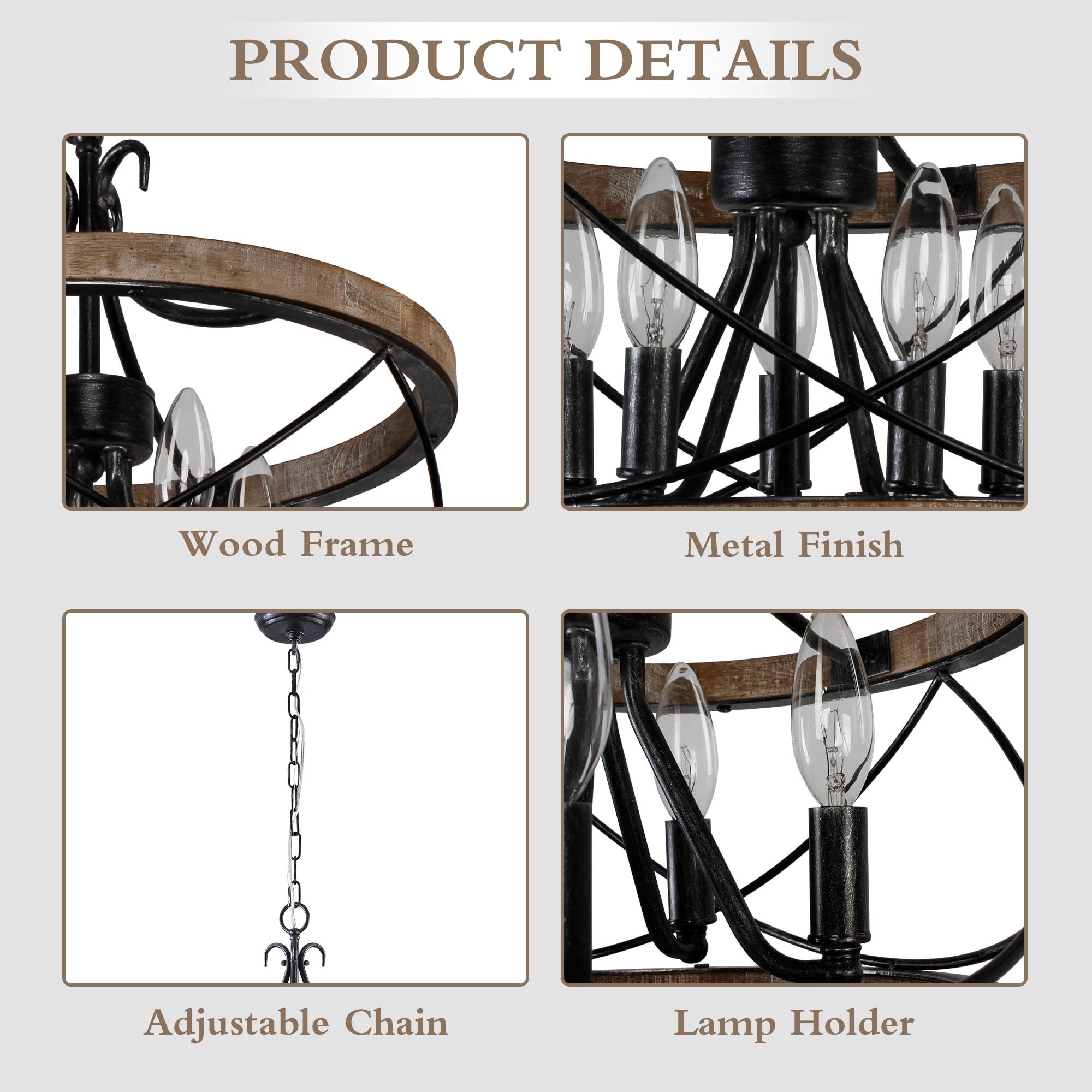 Cusp Barn  5-Light Farmhouse Wood Chandelier Adjustable Handmade Rustic Drum Ceiling Light Fixture Hanging Lamp for Foyer Kitchen 15.7-inch -