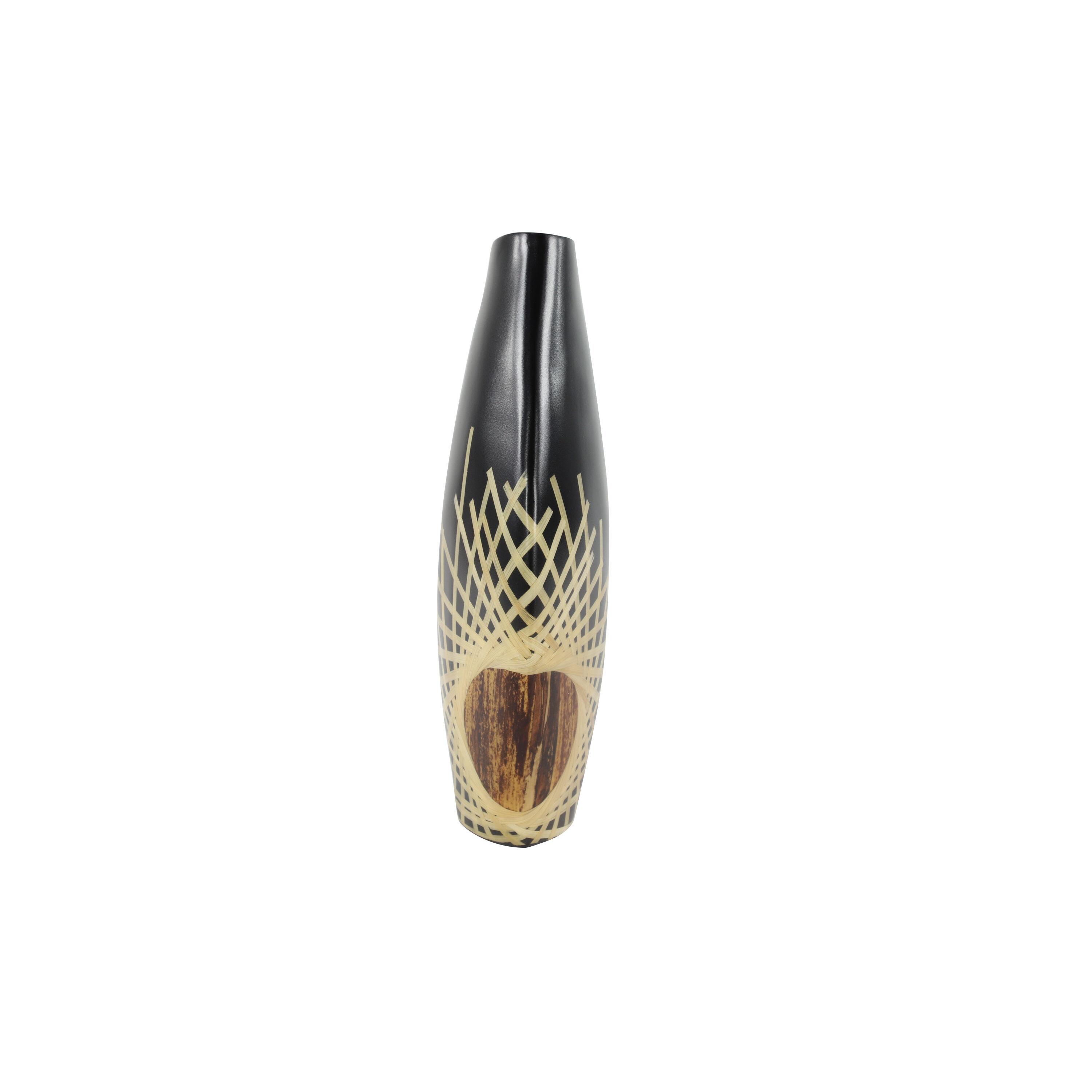Decmode - Large Black Glazed & Bamboo Inlay Banana Wood Vase w/ Exposed Bark Detail, 11.5” x 18”