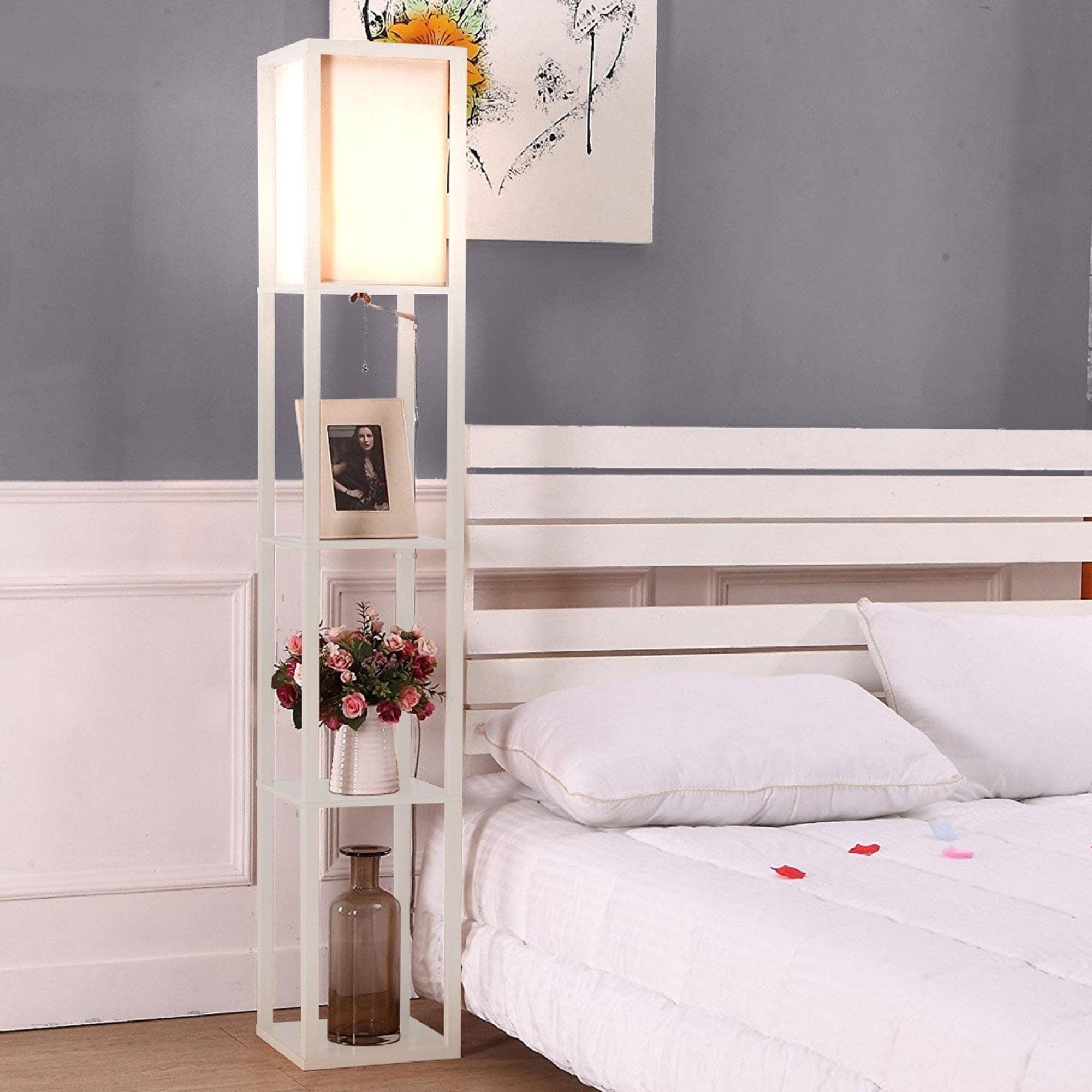 Brightech Maxwell - Modern LED Shelf Floor Lamp - Skinny End Table & Nightstand for Bedroom - Combo Narrow Side Table with Standing Accent Light Attached - Asian Tower Book Shelves - White