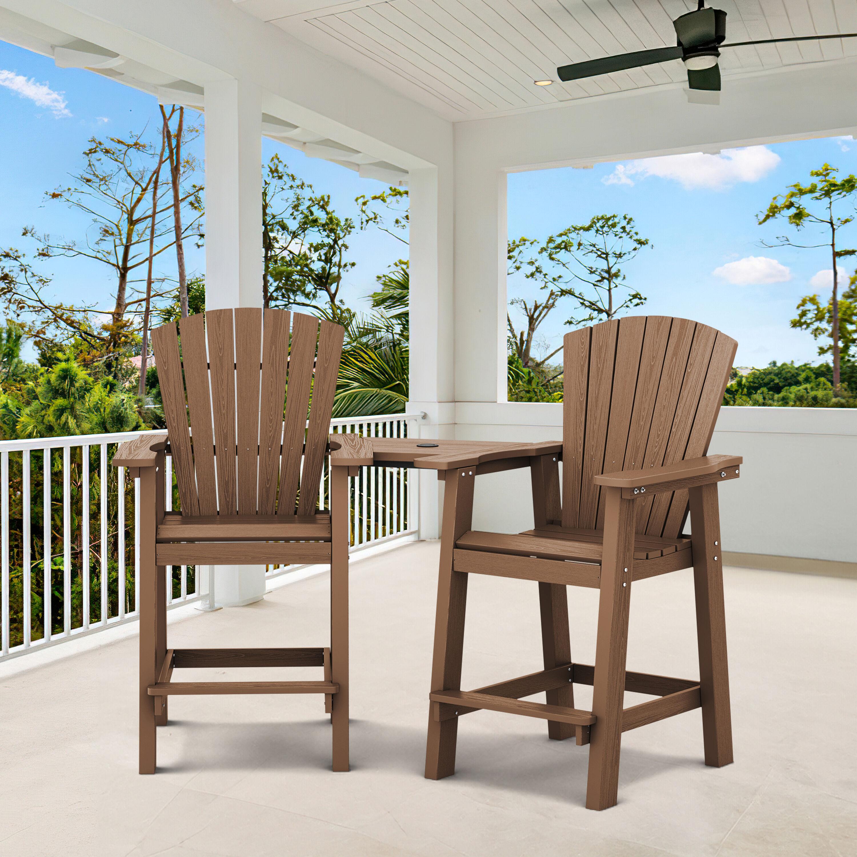 JUSTLET Tall Plastic Adirondack Chair Set of 2 W/ Outdoor Barstools and Connecting Tray, Brown