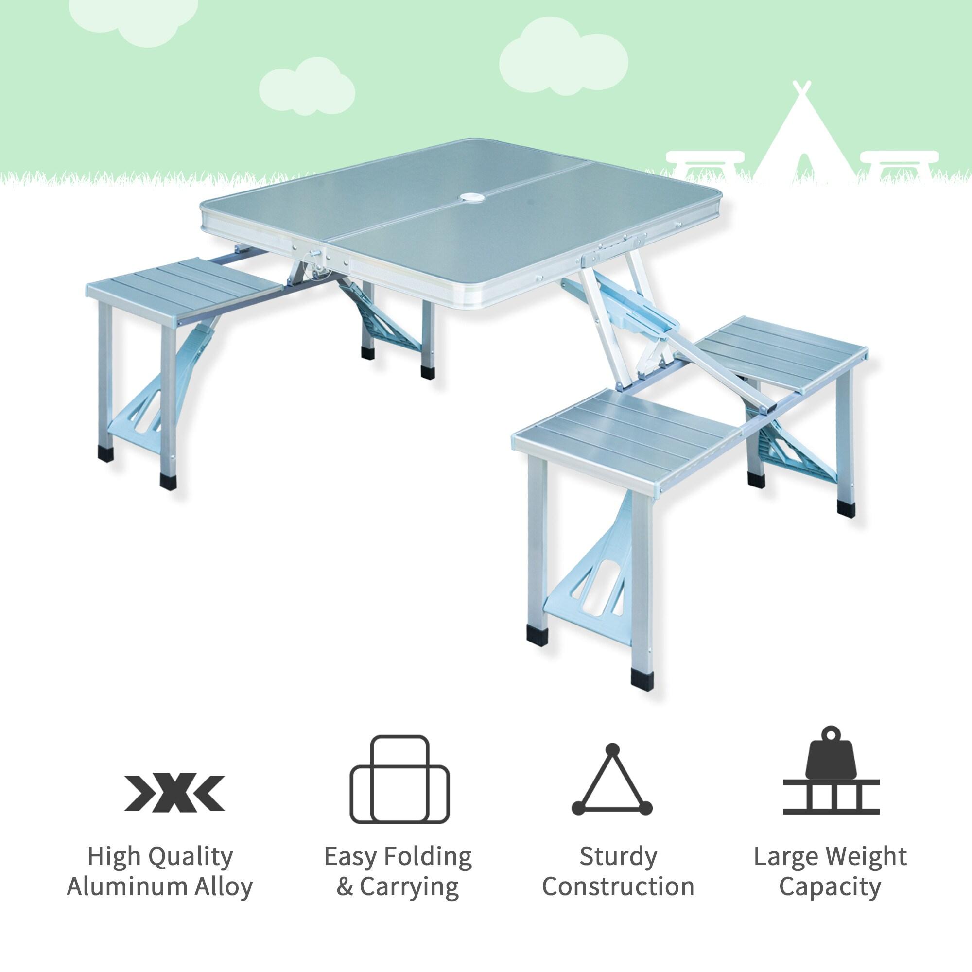 Outsunny Porch or Camping Picnic Table Folding with Carry Handle, Portable Outdoor Table with Bench, Patio Table with Umbrella Hole, Silver