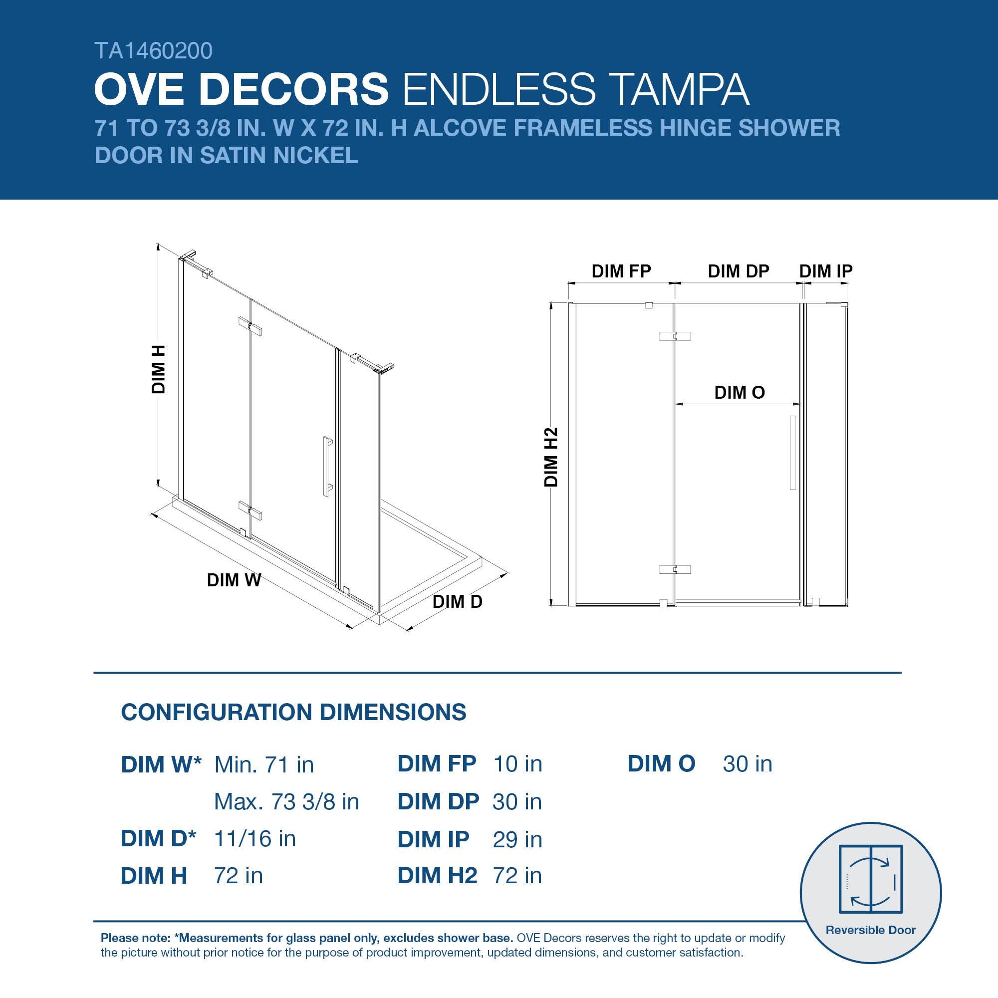 Ove Decors Endless Tampa-Pro 31" W x 72" H Alcove Frameless Shower Kit, Door, Panel TP0110200