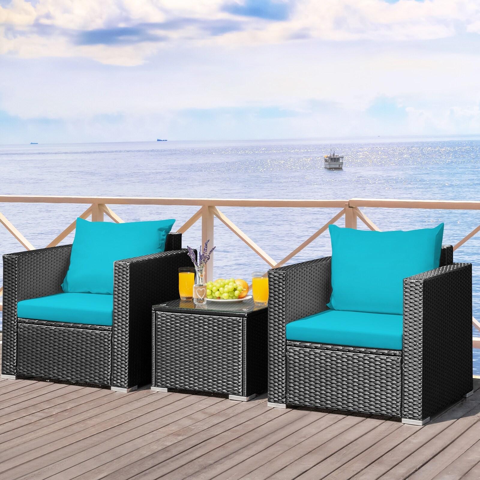 Resenkos 3 Pieces Patio Wicker Conversation Set, Outdoor Furniture Garden Conversation Bistro Sets with Coffee Table and Cushions-Black