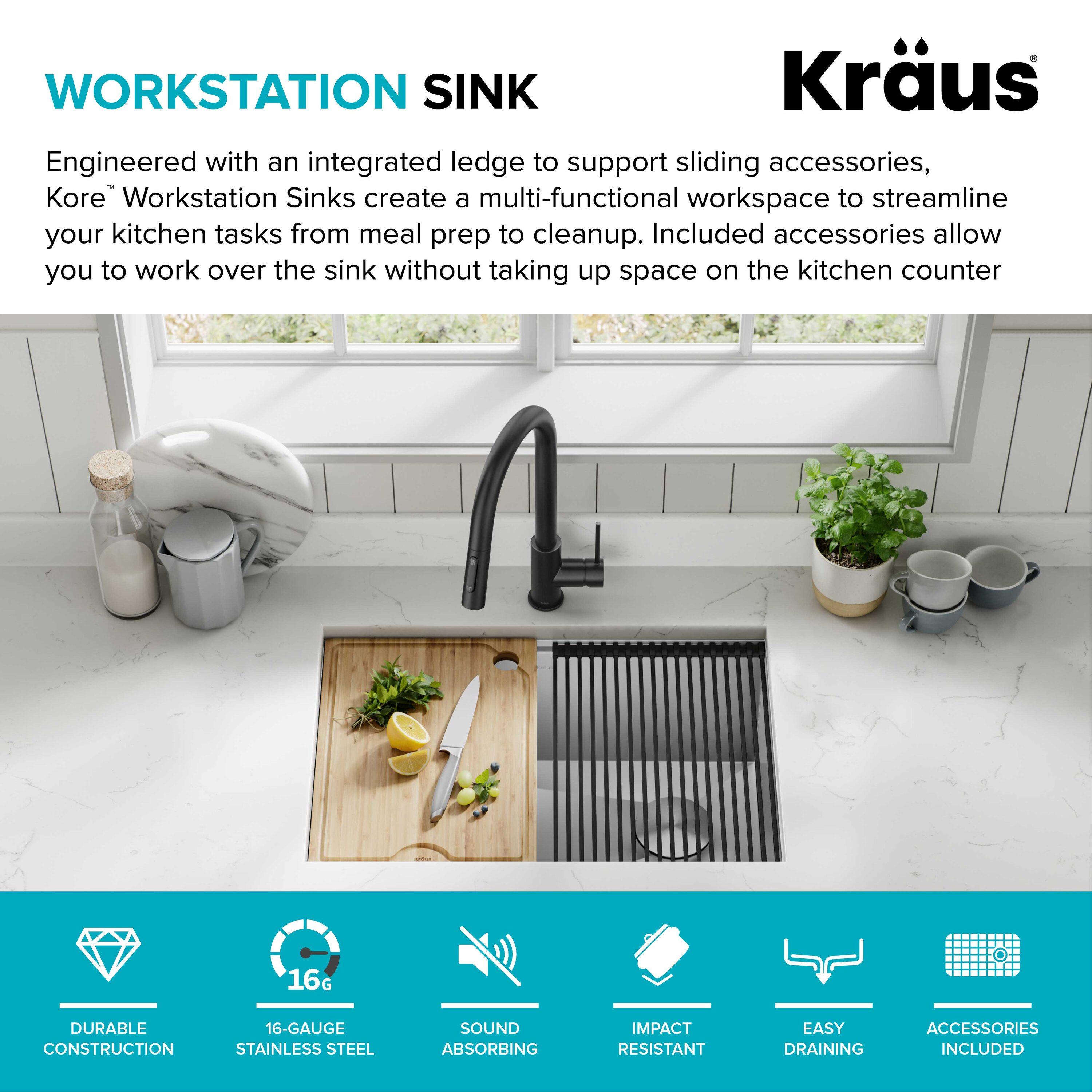KRAUS Kore™ Workstation 27-inch L Undermount 16 Gauge Single Bowl Stainless Steel Kitchen Sink with Accessories