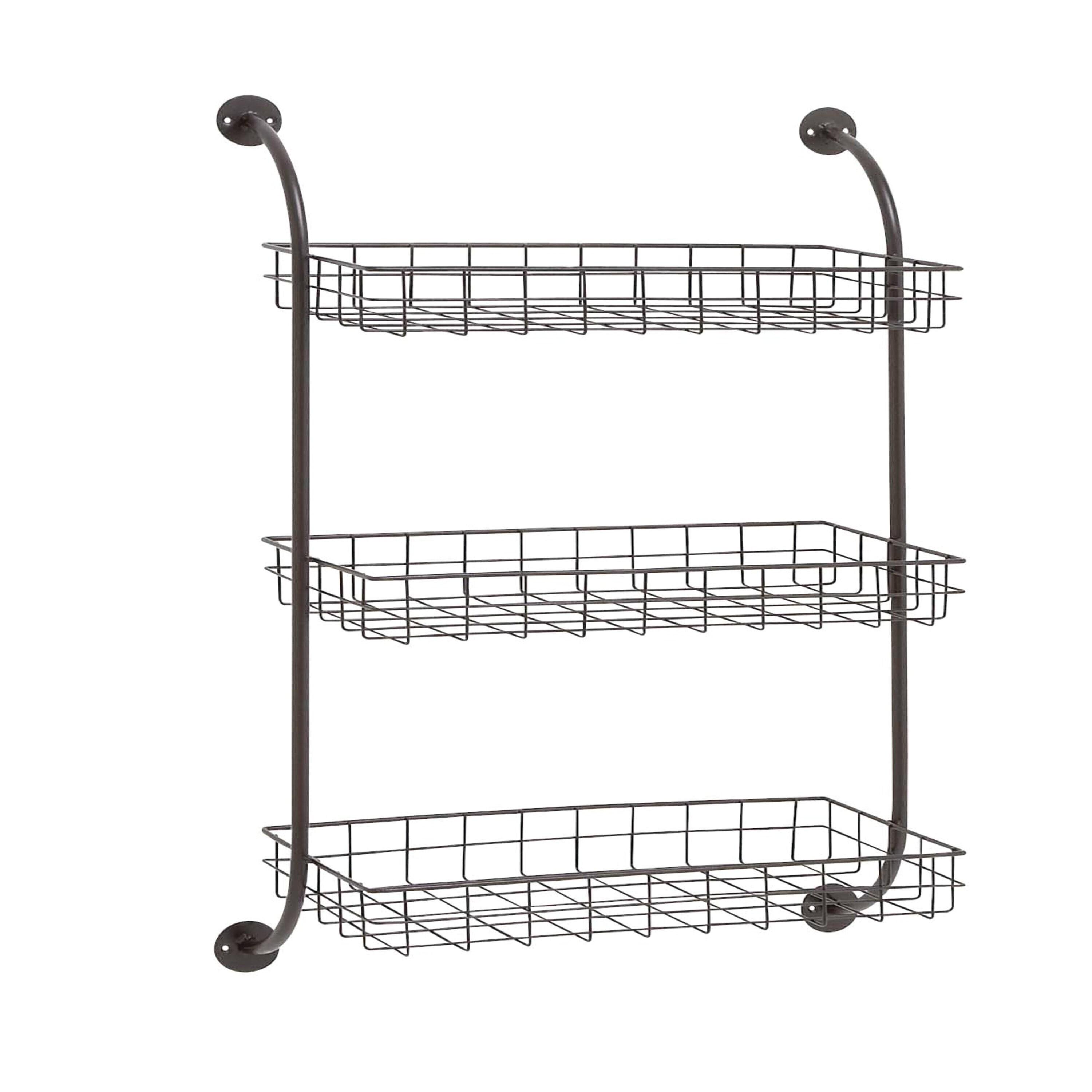 DecMode 21" x 10" 3-Tier Black Wall Shelf with Suspended Baskets