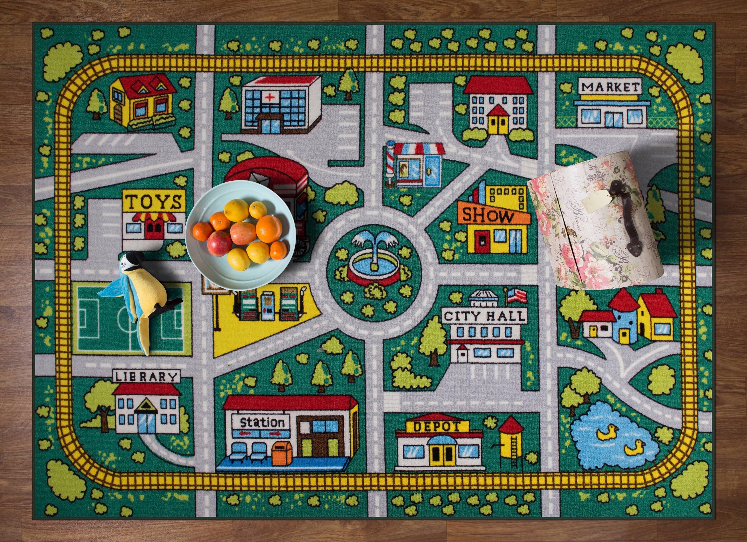 World Rug Gallery Kids Educational Learning City Life Road Non Slip Indoor Area Rug - Green 3' 3" x 4' 7"