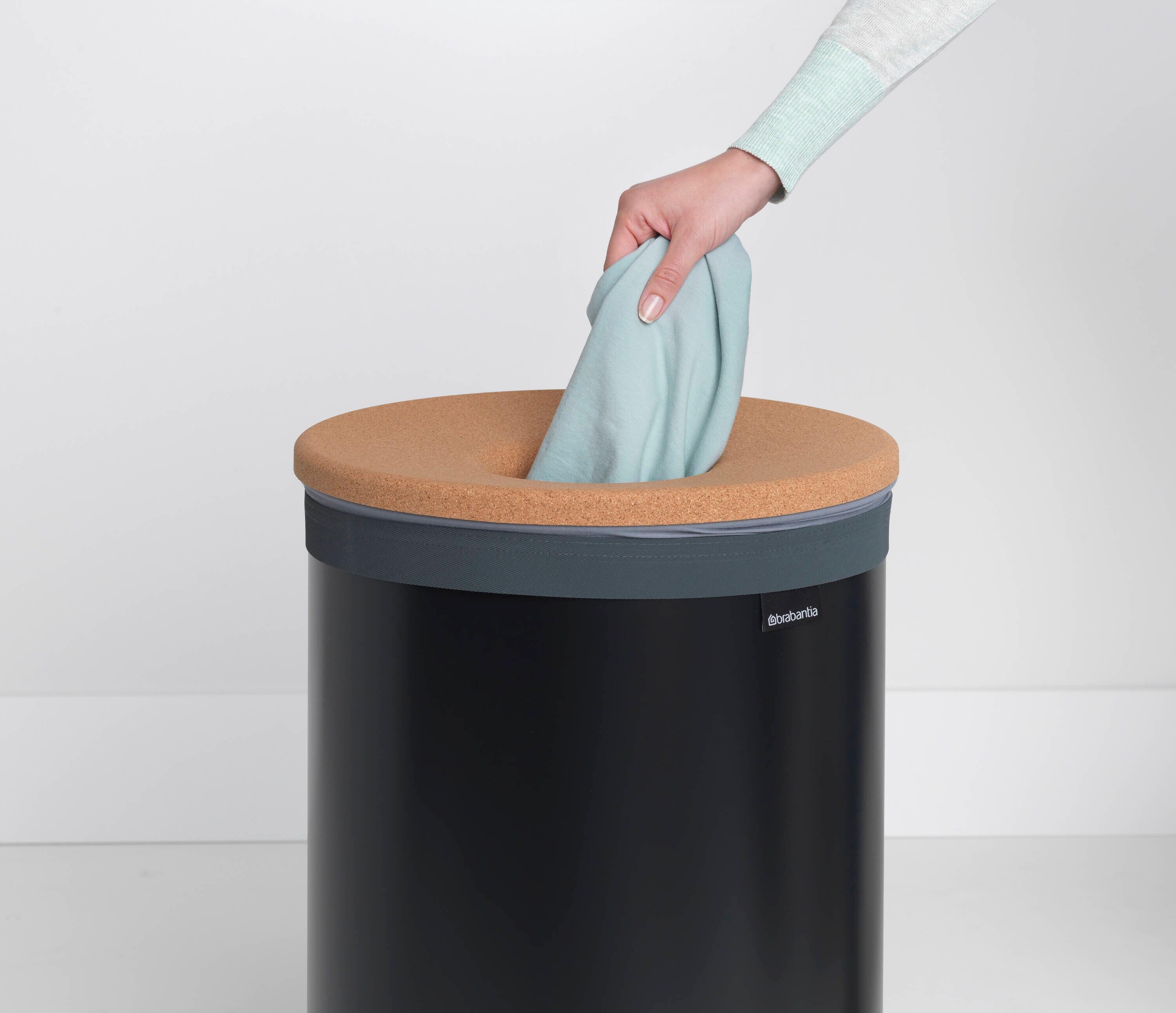 Brabantia - Laundry Hamper - with Cork Lid - Ventilation Holes - Corrosion Resistant Materials - Hygienic - Discrete - Laundry Basket - Bathroom - with Small Hole - Matt Black - 16 Gal