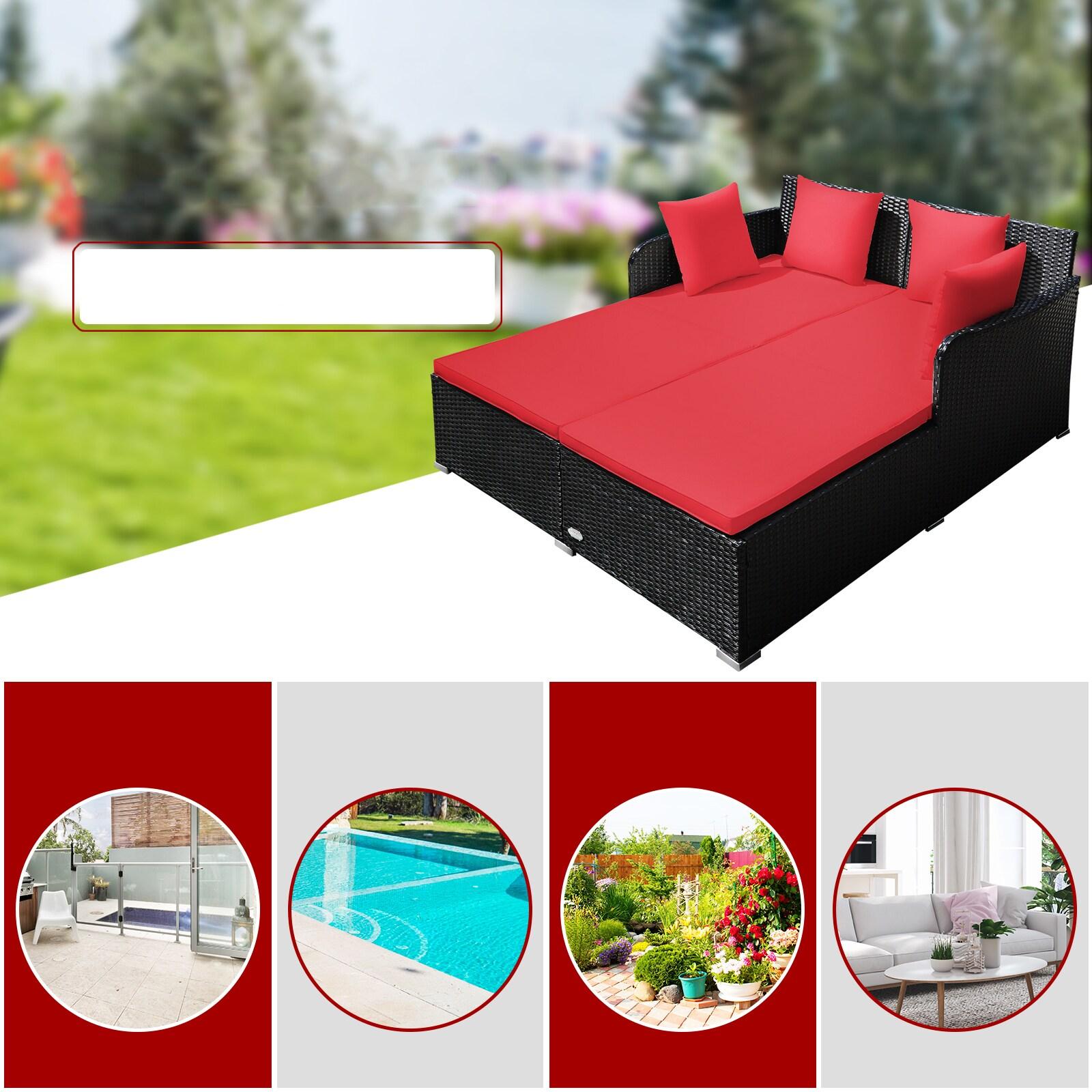 Costway Outdoor Patio Rattan Daybed Thick Pillows Cushioned Sofa Furniture Red