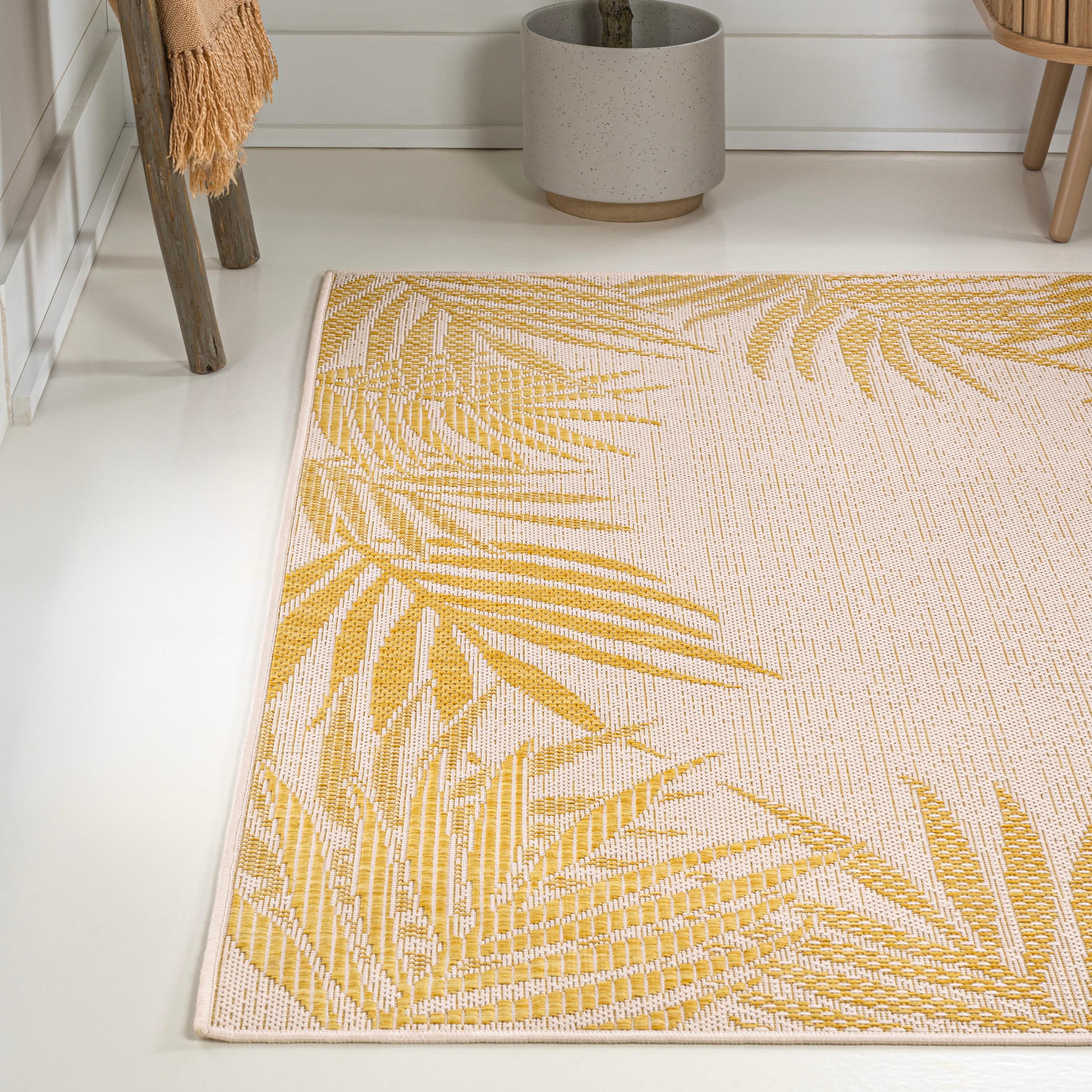 JONATHAN Y Isla Coastal Cottage Palm Frond Border Yellow/Cream 3 ft. x 5 ft. Indoor/Outdoor Area Rug