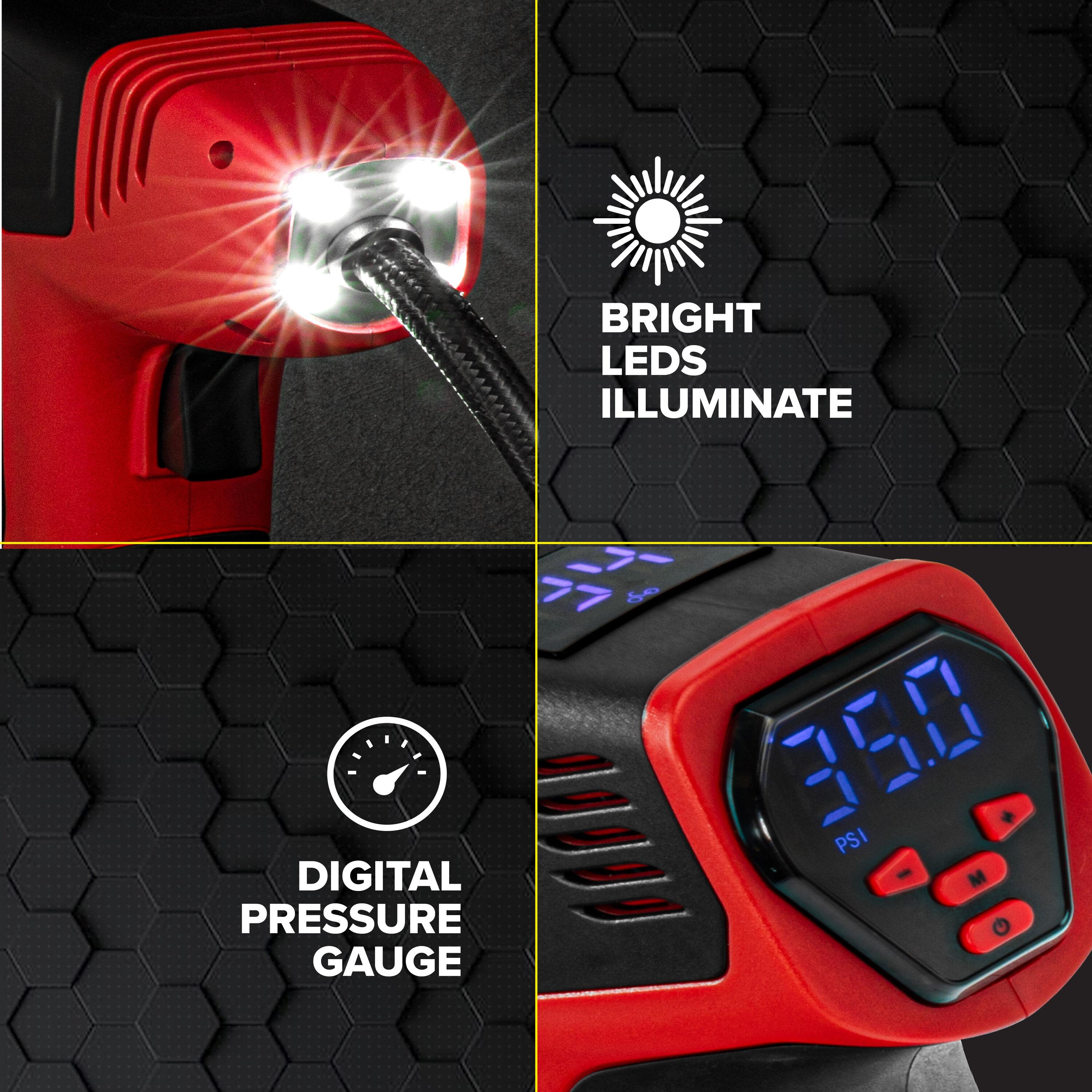 Bullseye Pro Portable Rechargeable Tire Inflator with Digital Pressure Gauge - Red