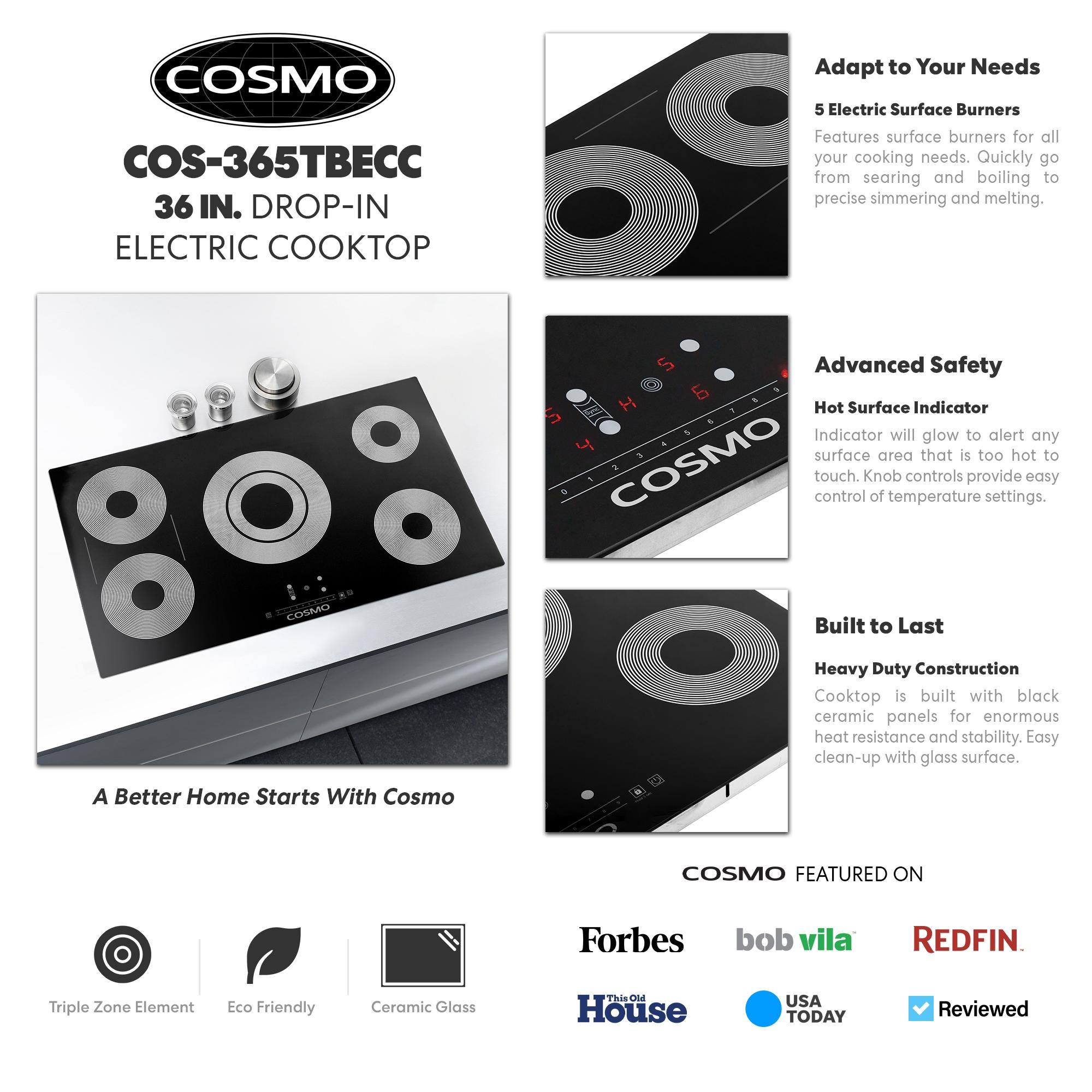 Cosmo 36 In. Electric Ceramic Glass Cooktop With 5 Burners, Triple Zone Element In Black