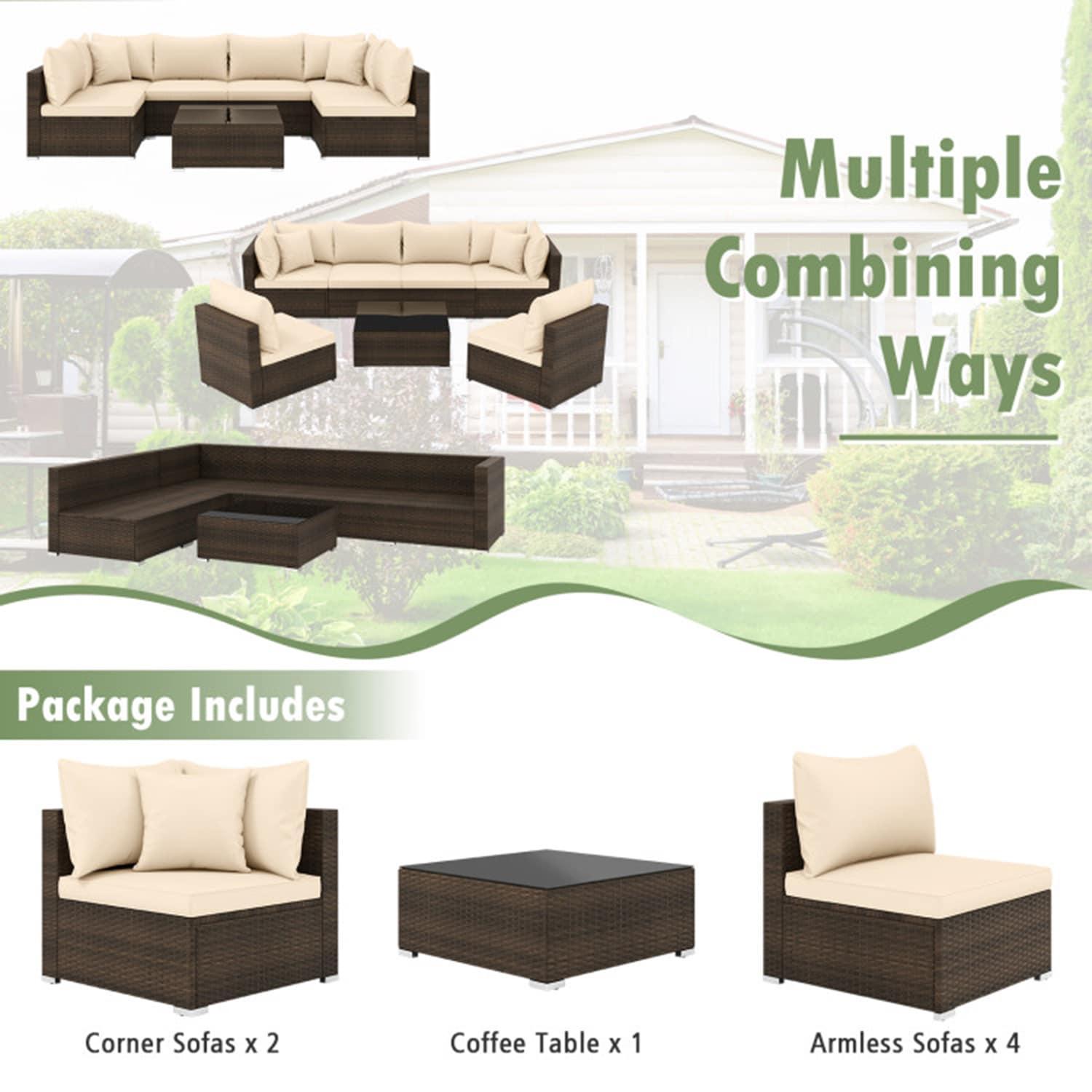Topcobe 7 Pieces Patio Rattan Furniture Set with Sectional Sofa Cushions, Outdoor Patio Furniture-Beige