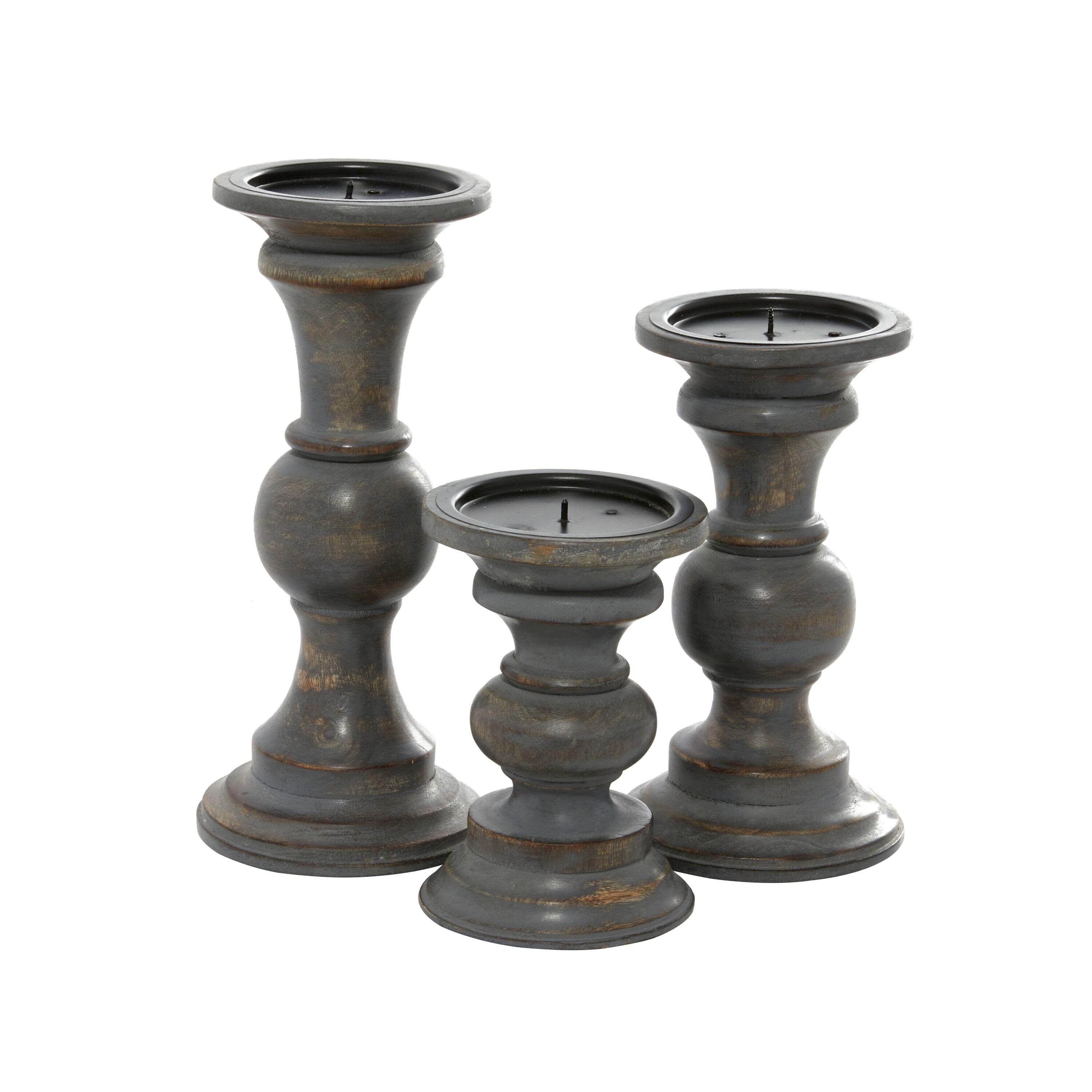 DecMode 3 Candle Dark Gray Wood Candle Holder, Set of 3