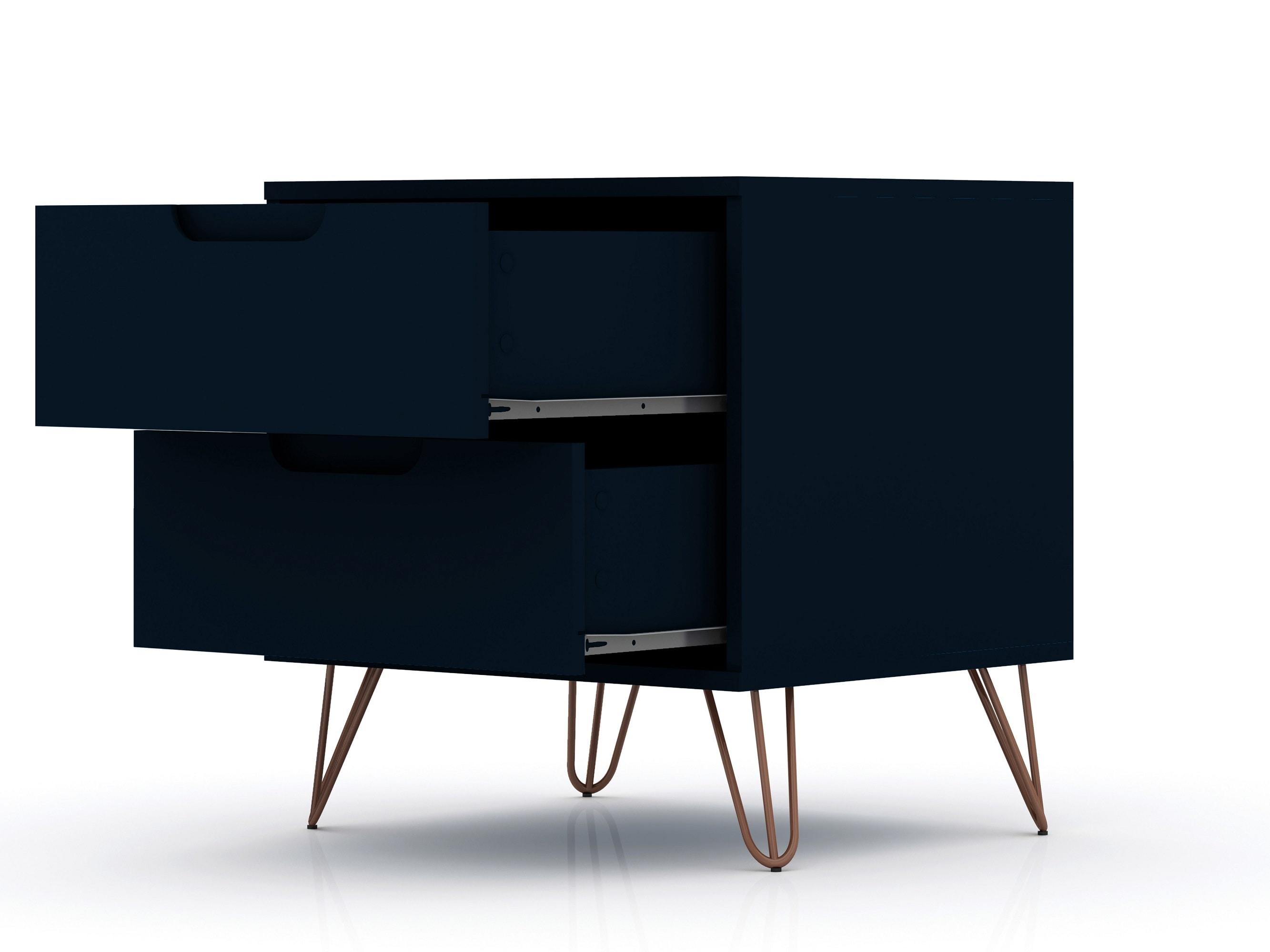 Set of 2 Rockefeller 2 Drawer Nightstands Tatiana Midnight Blue - Manhattan Comfort: Modern Splayed Metal Legs, MDF