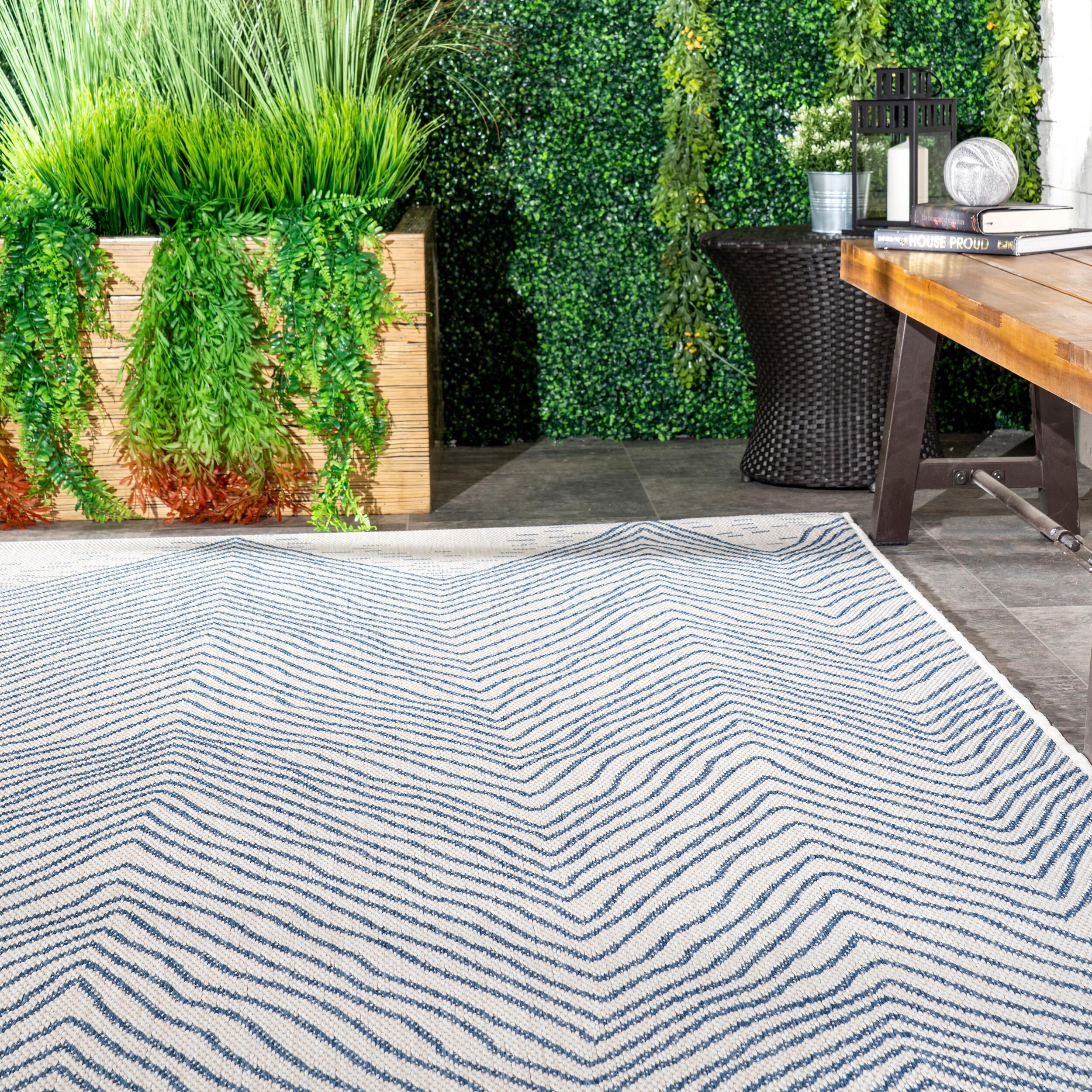 Dunham Abstract Indoor/Outdoor Area Rug for Living Room Patio Deck Front Porch Kitchen, Blue/Ivory
