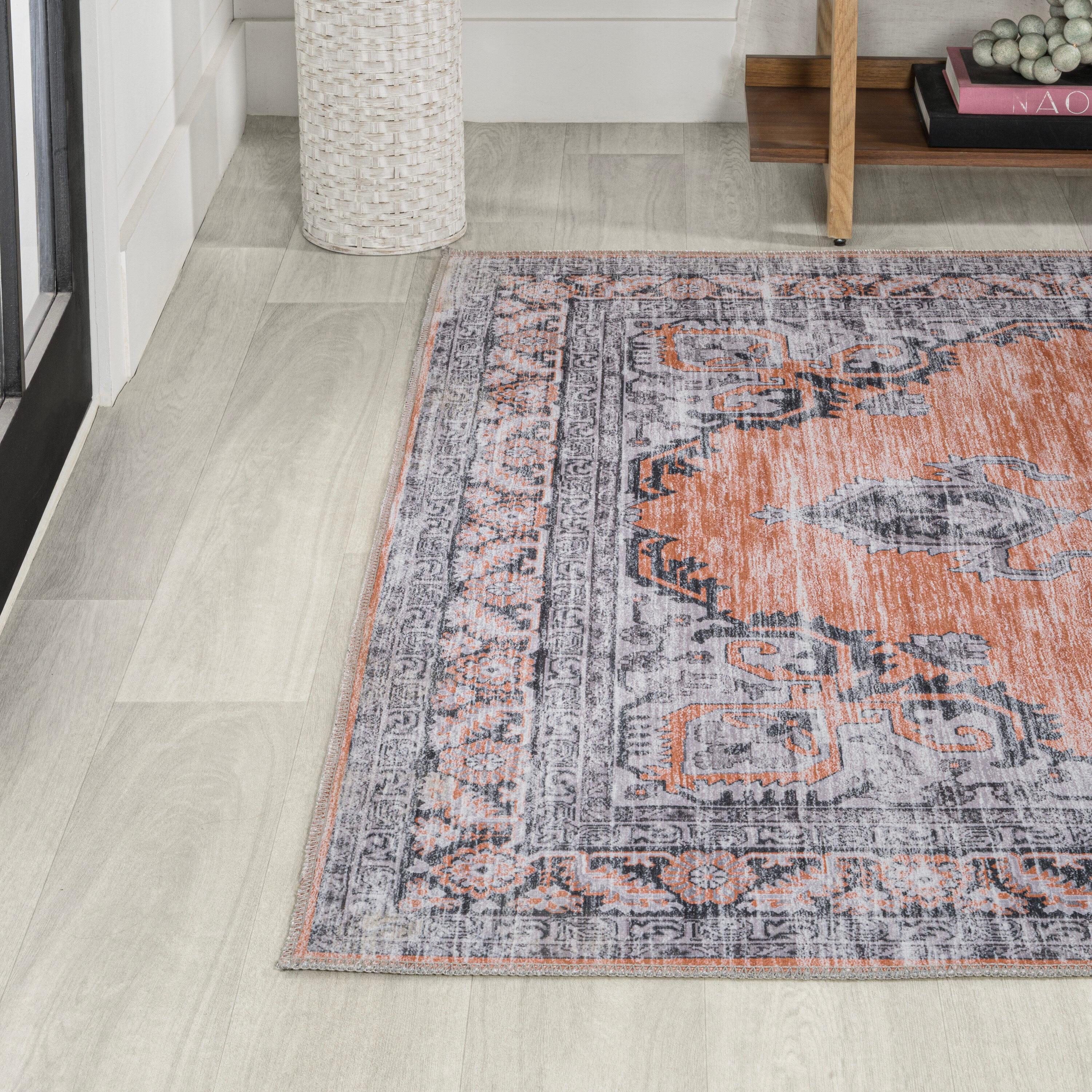 Wincer Chenille Cottage Medallion Machine-Washable Orange/Gray 5 ft. x 8 ft. Area Rug - JONATHAN Y