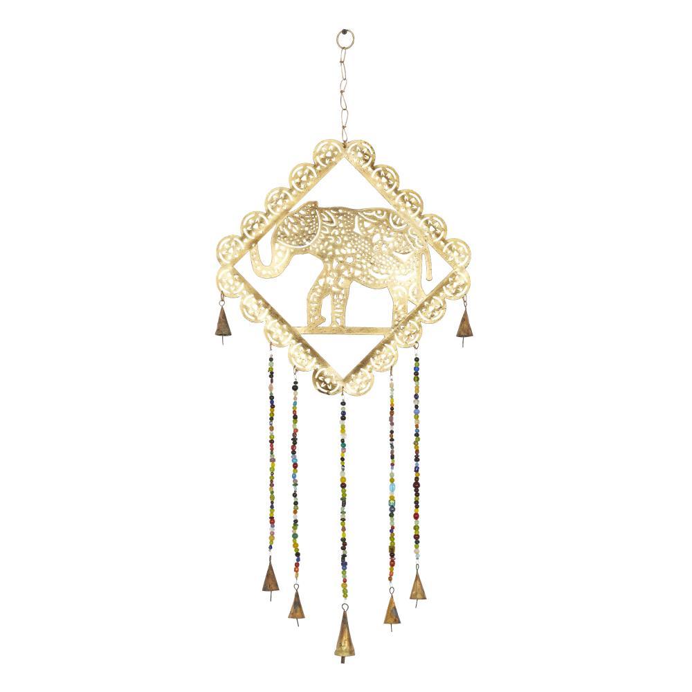 Gold Metal Elephant Windchime with Glass Beads and Bells