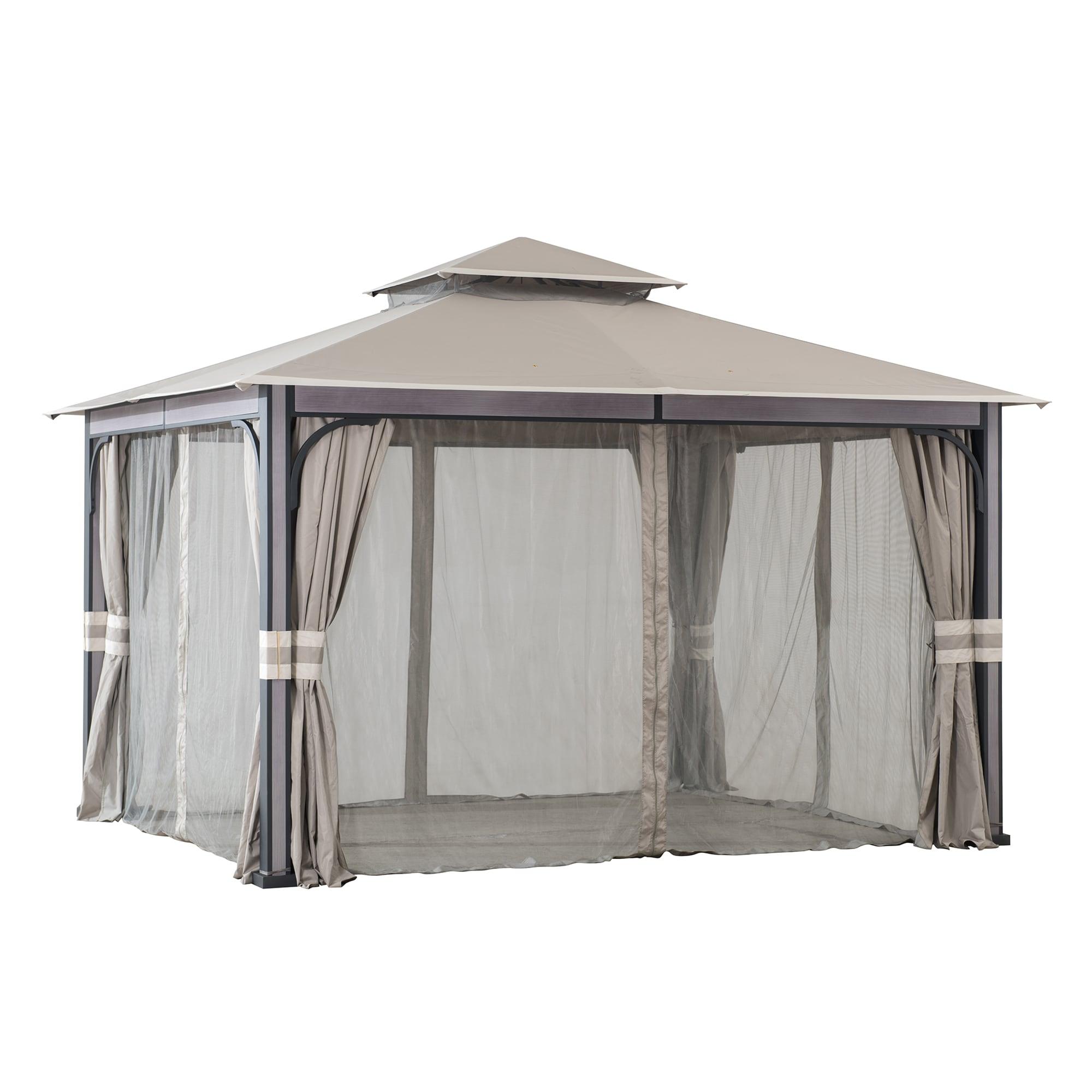 Sunjoy Roberts Outdoor Patio Steel Frame 11 x 13 ft. 2-Tier Soft Top Gazebo with Light Gray Canopy Roof, Netting, and Curtains