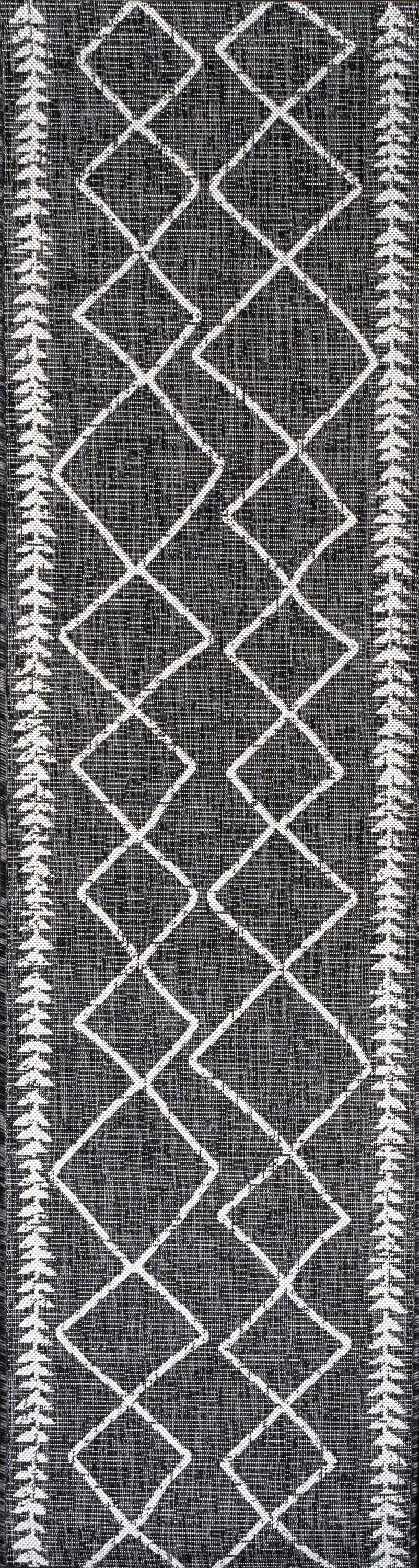 2'x10' Derya  Diamond Trellis Indoor/Outdoor Runner Rug, Black/Ivory - JONATHAN Y