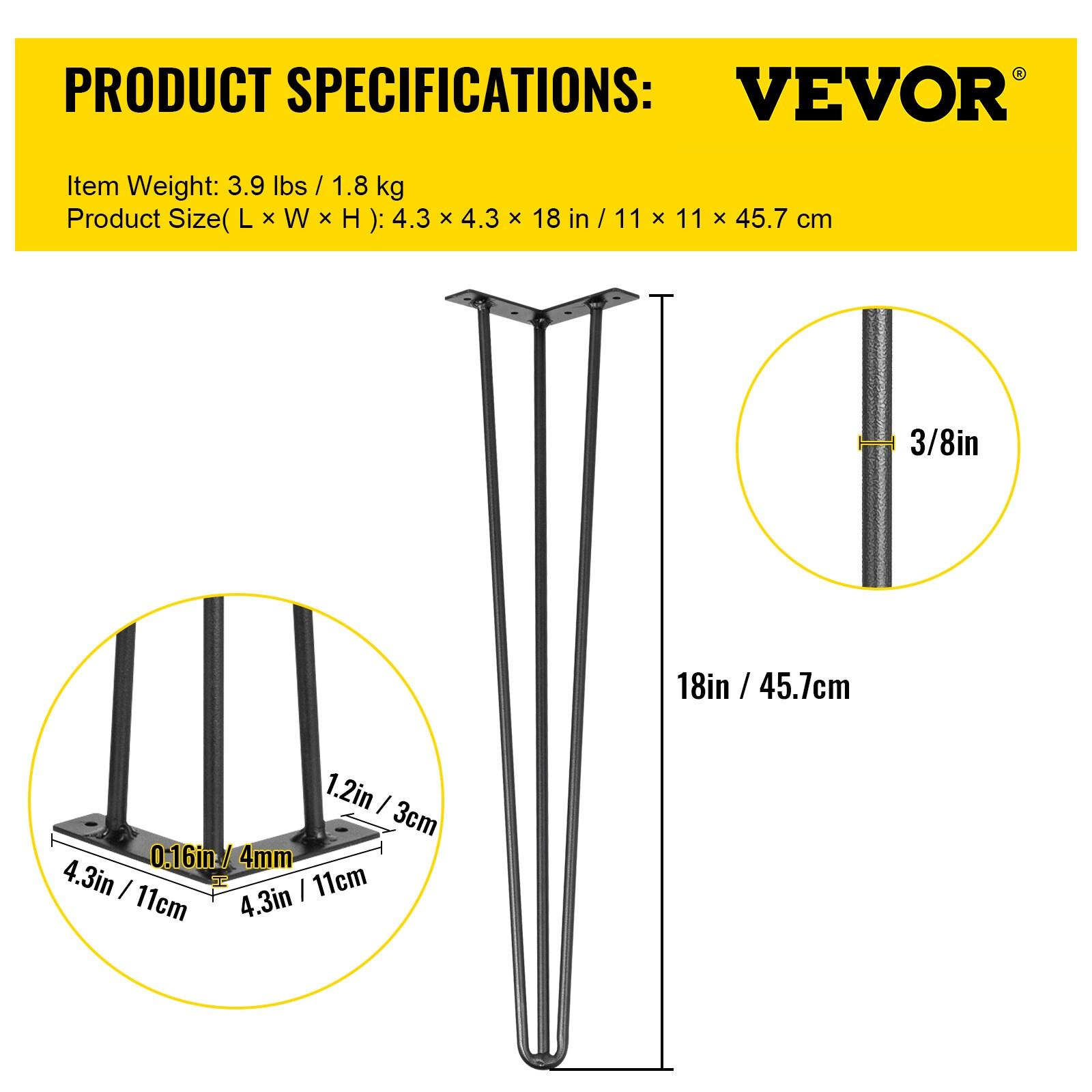 VEVOR Hairpin Table Legs, Set of 4, 18" Black Desk Legs, 880lbs Load Capacity