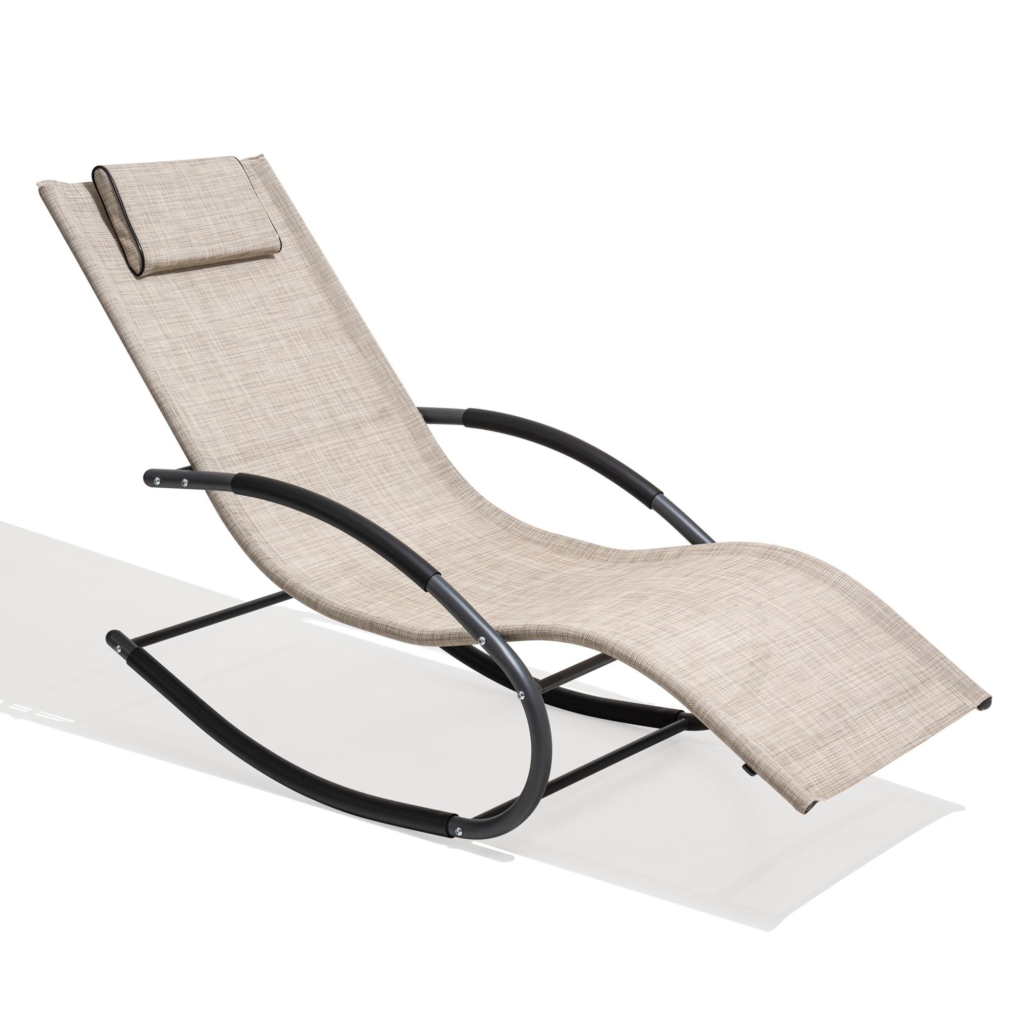 Crestlive Products Patio Outdoor Rocking Chair Curved Rocker Chaise Lounge Chair with Pillow Beige