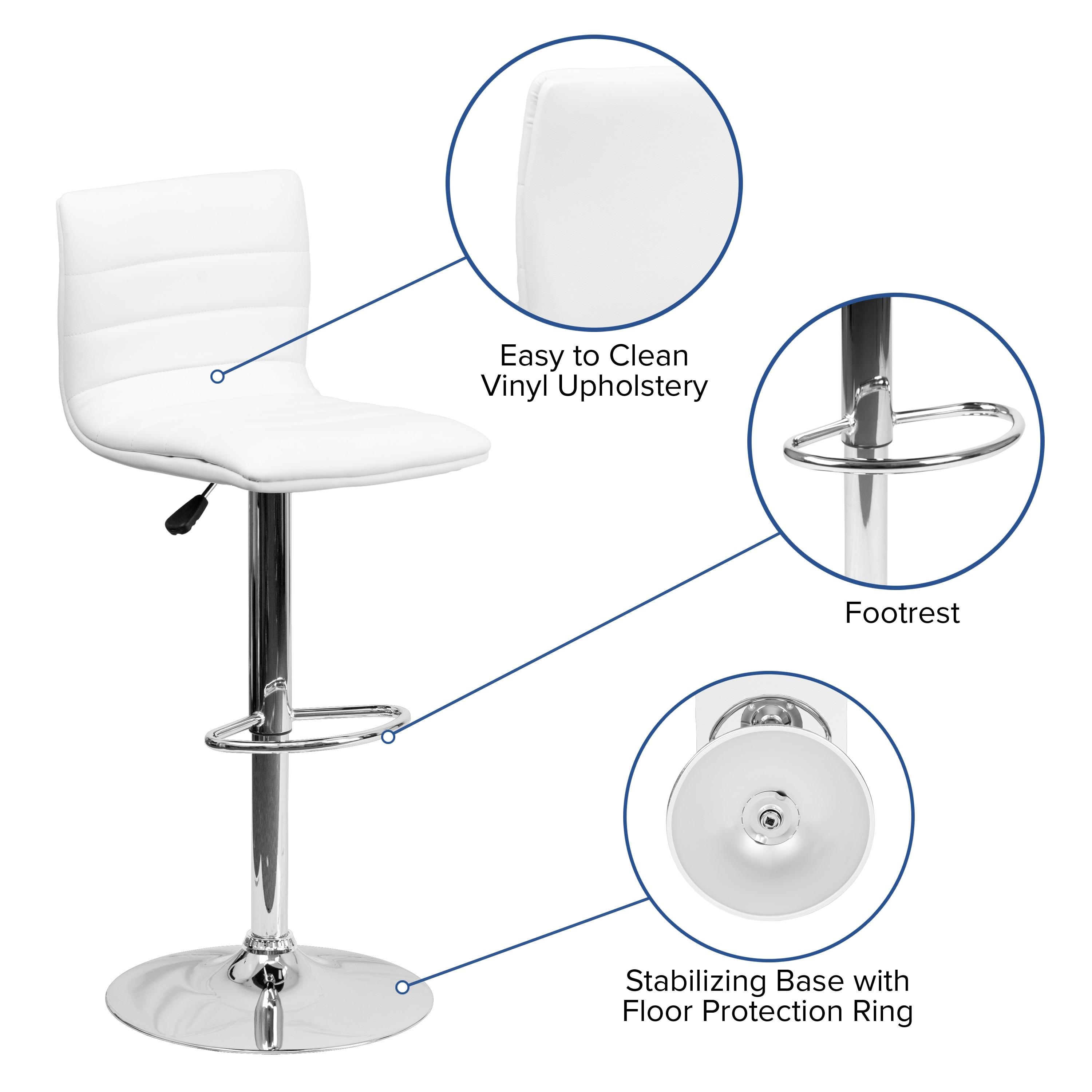 Flash Furniture Modern White Vinyl Adjustable Bar Stool with Back, Counter Height Swivel Stool with Chrome Pedestal Base