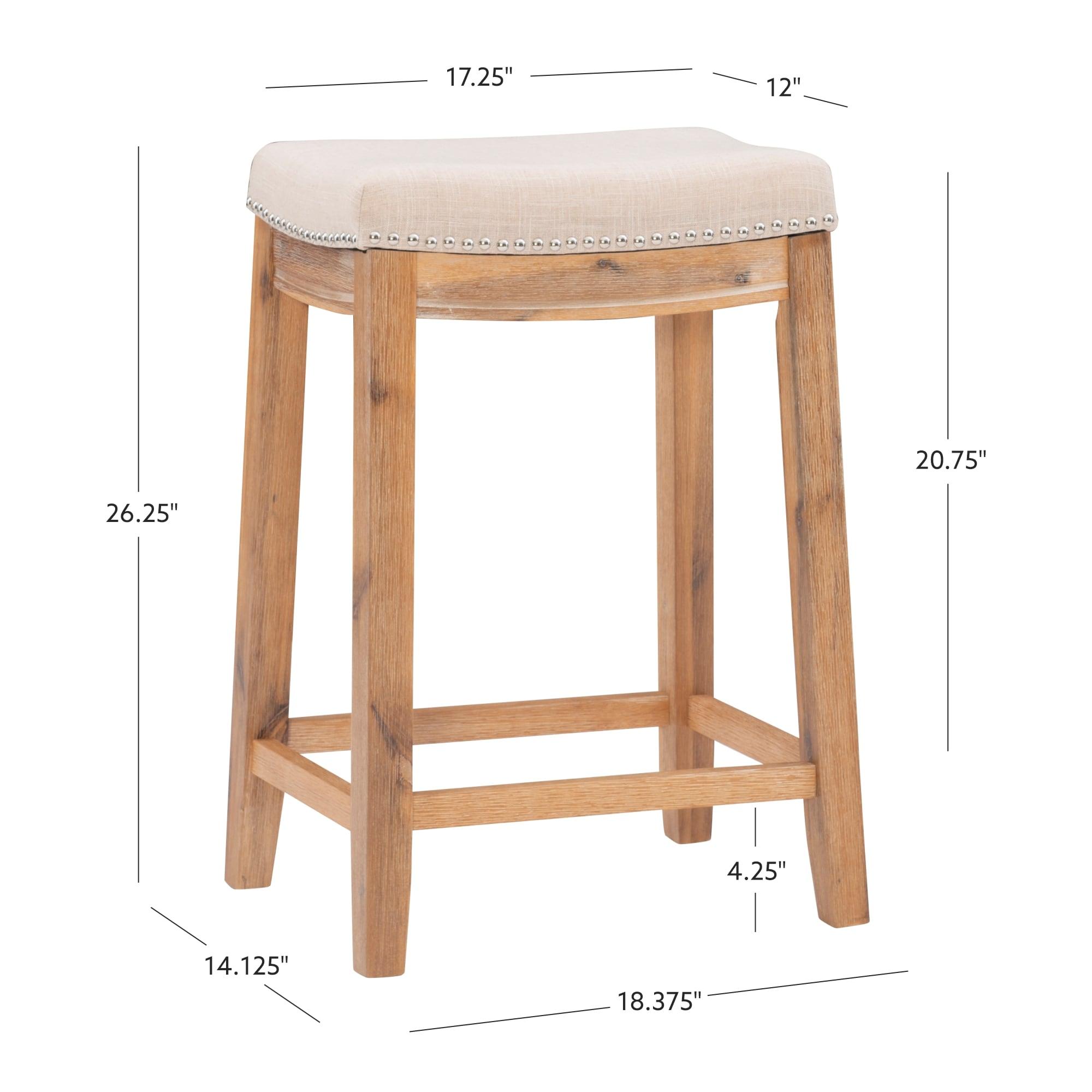Claridge Backless Nailhead Saddle Acacia Counter Height Barstool Natural - Linon: Chic Beige Linen Seat, Rubberwood