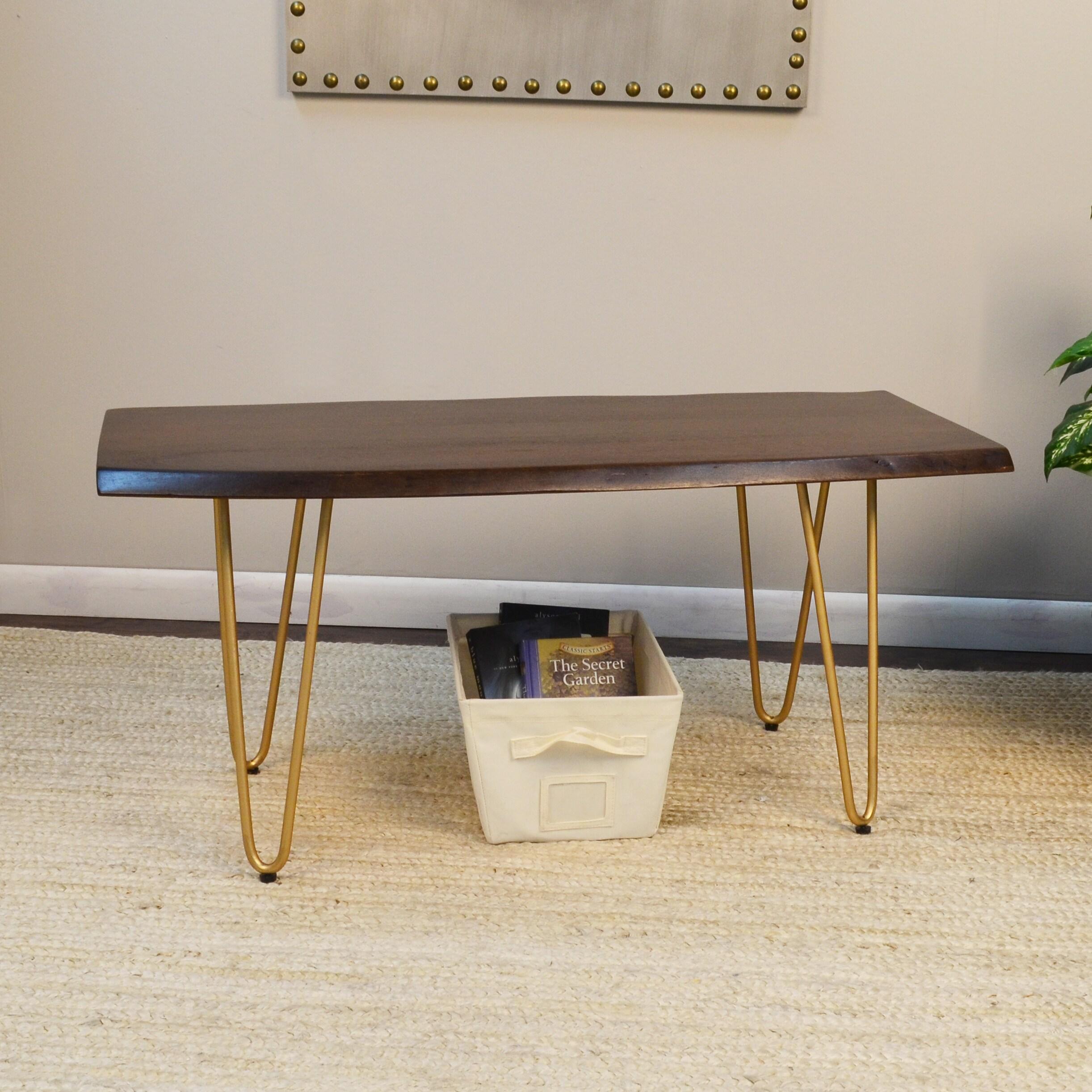 Carolina Living Langdon Live Edge Coffee Table/Bench Elm/Gold: Rectangular Acacia Top, Metal Frame, Non-Toxic Finish