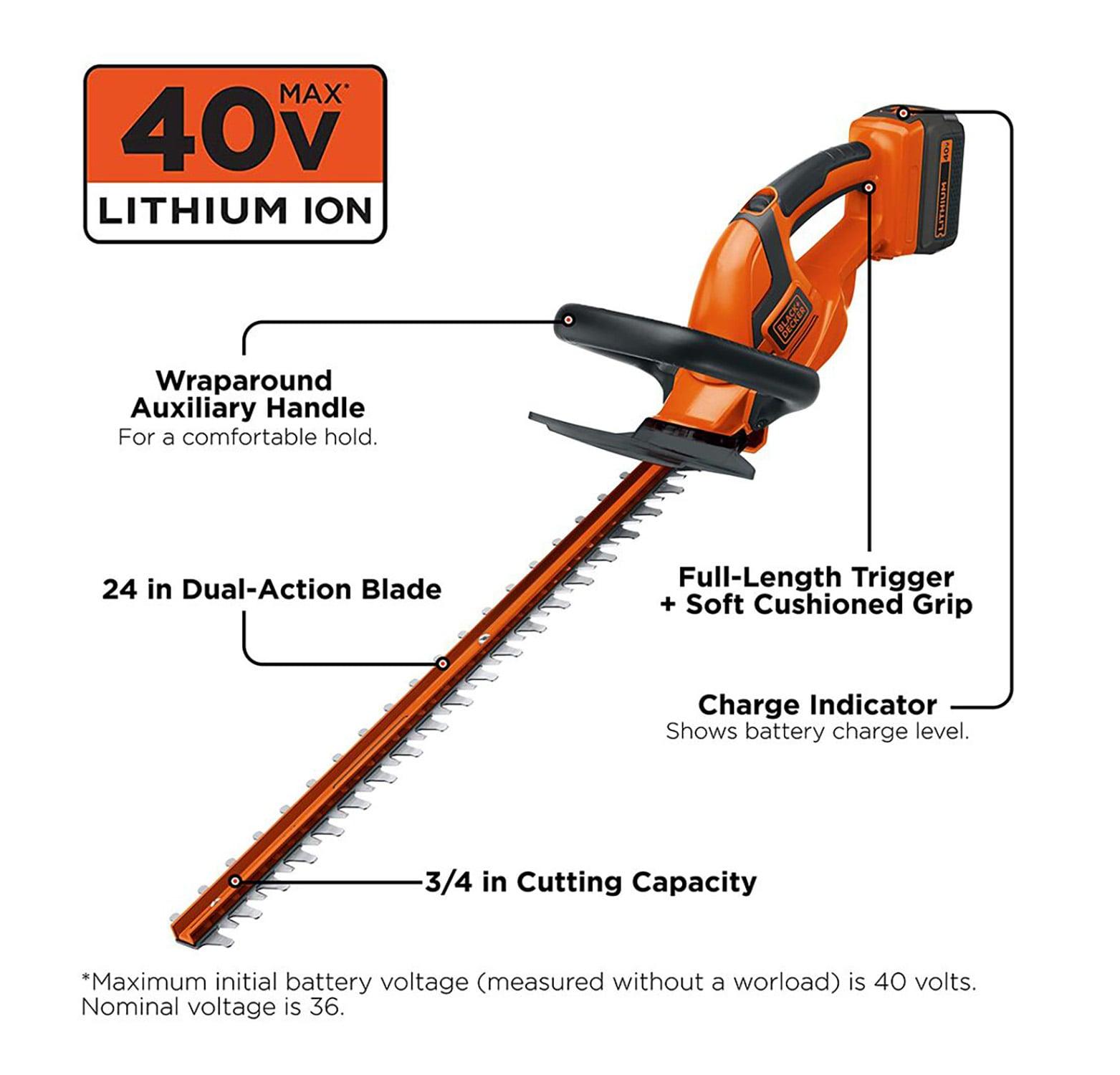 Black + Decker LHT2436 40V MAX Lithium-Ion Dual Action 24 in. Cordless Hedge Trimmer Kit