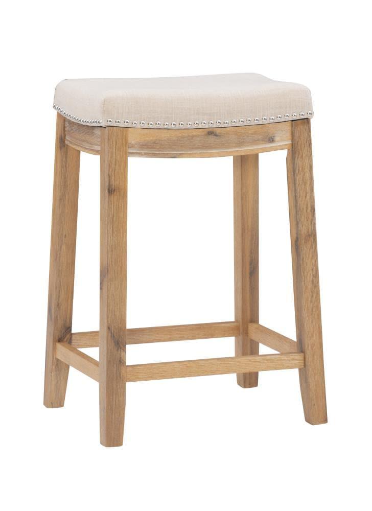 Claridge Backless Nailhead Saddle Acacia Counter Height Barstool Natural - Linon: Chic Beige Linen Seat, Rubberwood