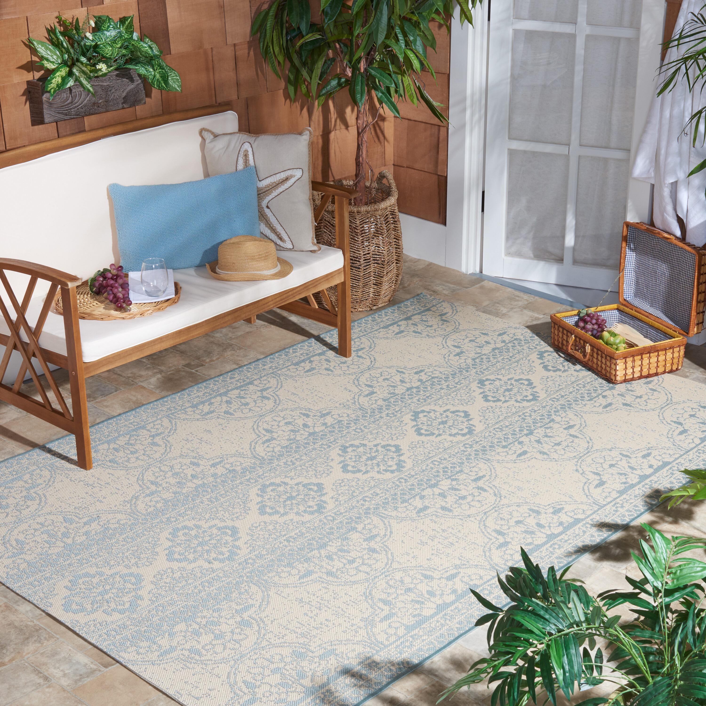 SAFAVIEH Beach House Justine Geometric Indoor/Outdoor Area Rug, Aqua/Cream, 2'2" x 4'