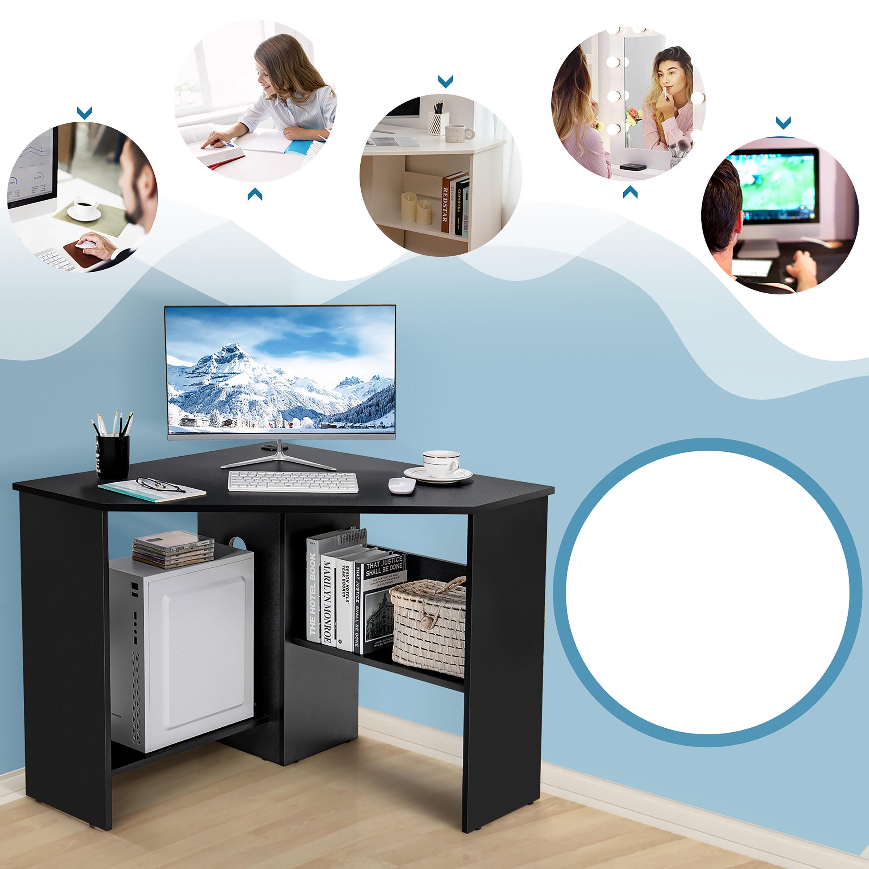 Costway Corner Computer Desk Triangle Writing Workstation w/ Storage Shelf Black