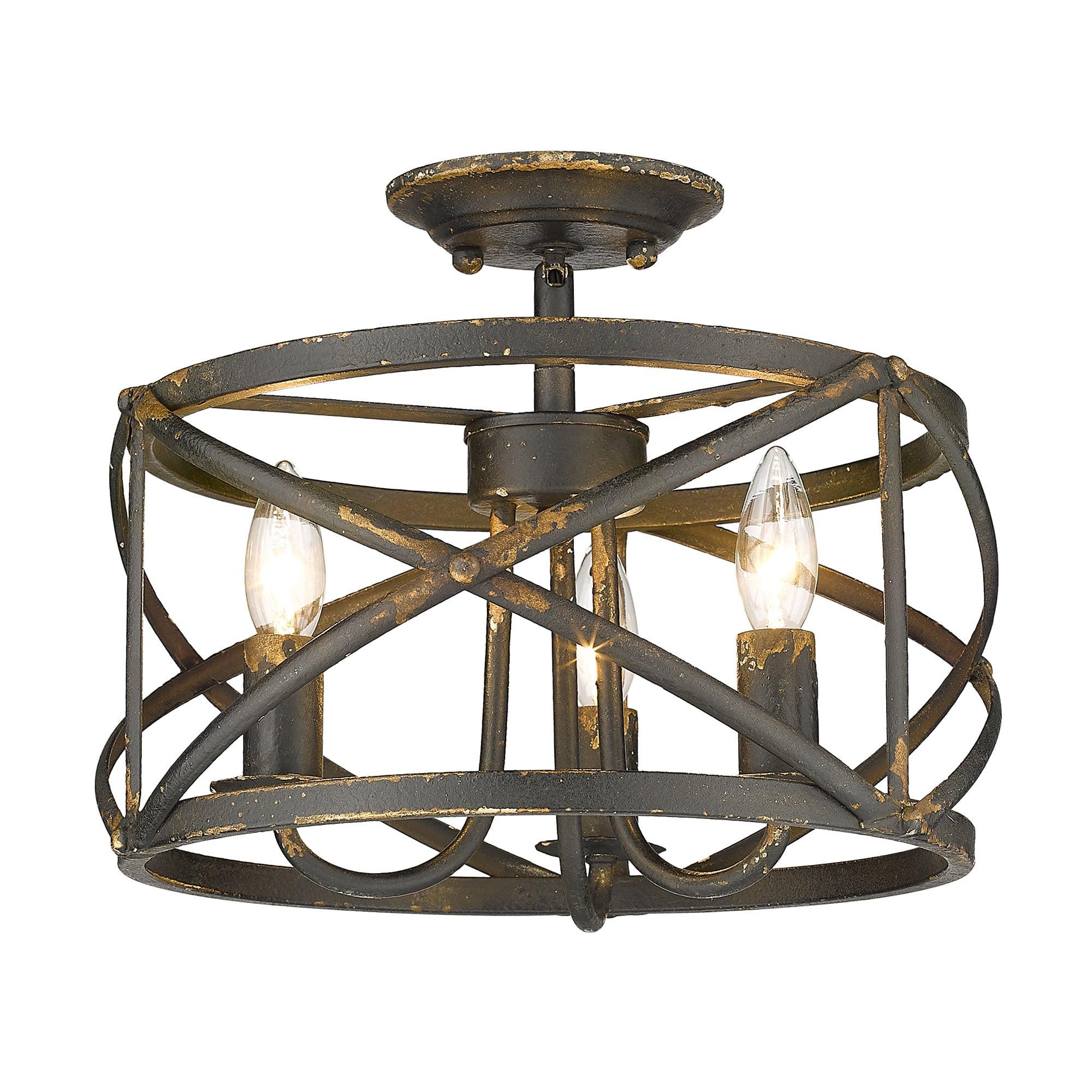 Golden Lighting Alcott 3-Light Semi-flush in Antique Black Iron with Antique Black Iron