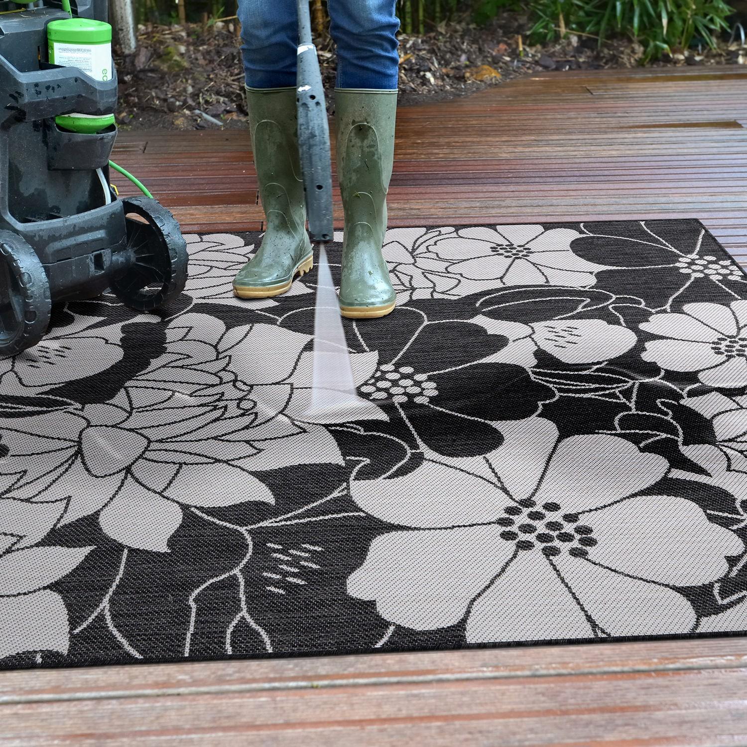 World Rug Gallery Modern Floral Flowers Textured Flat Weave Indoor/Outdoor Area Rug - BLACK 5' X 7'