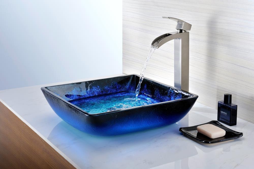 ANZZI Viace 15.13'' Blazing Blue Tempered Glass Square Bathroom Sink