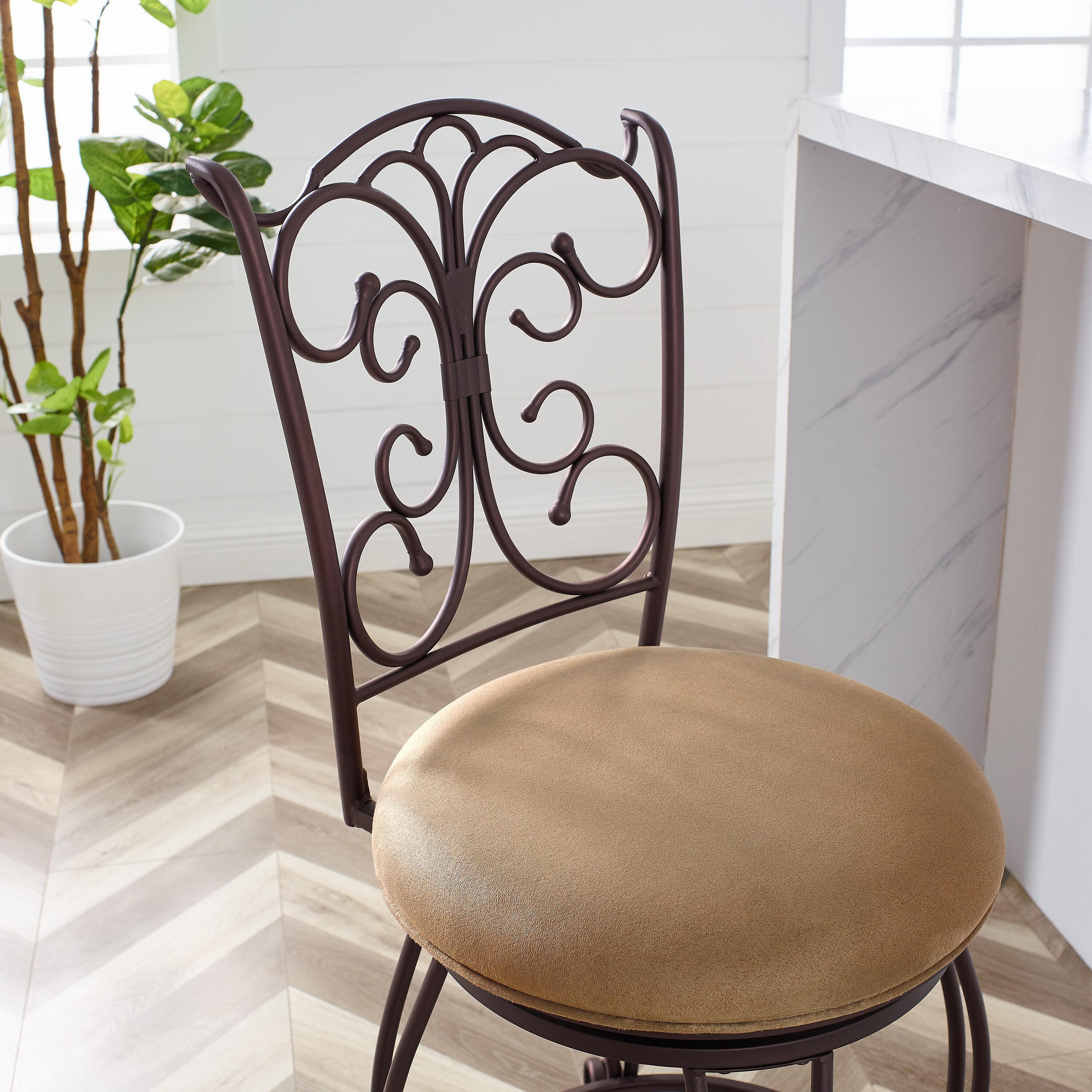 Linon Gathered Back Counter Stool, Brown, 24 inch Seat Height, Light Brown with Caramel Fabric