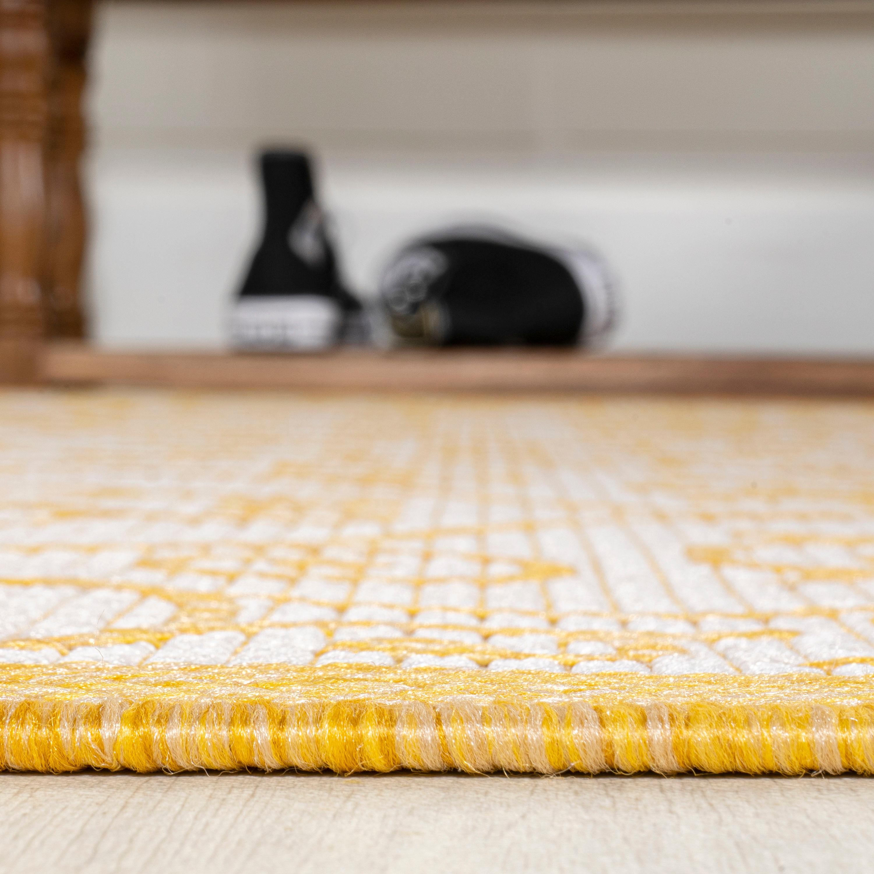 5' x 5' Madrid Vintage Filigree Textured Weave Indoor/Outdoor Area Rug, Cream/Yellow - JONATHAN Y