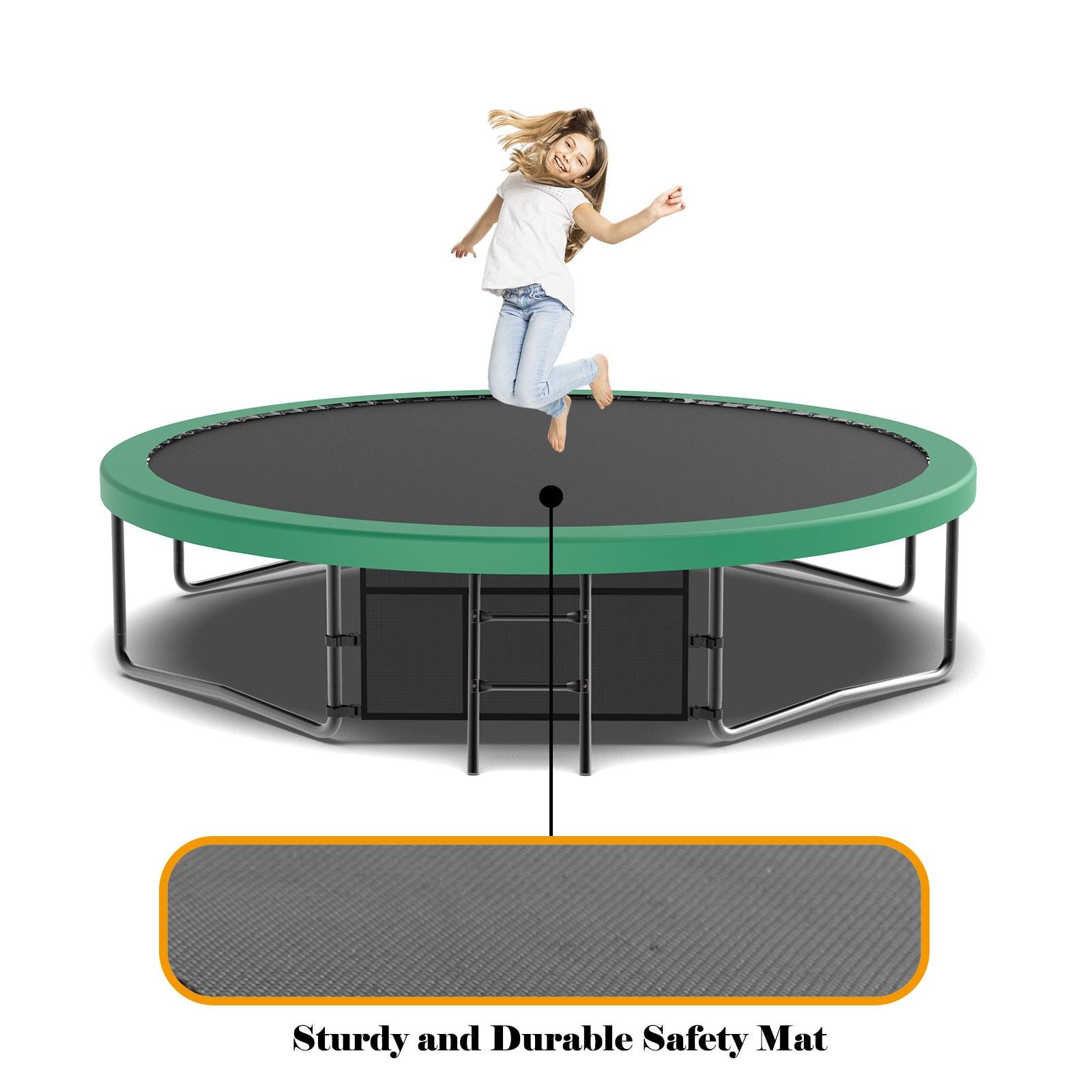 12FT Round Trampoline with Basketball Hoop for Kids, Outdoor Recreational Trampolines with Safety Enclosure Net & Ladder, 880 LBS Weight Capacity, Green