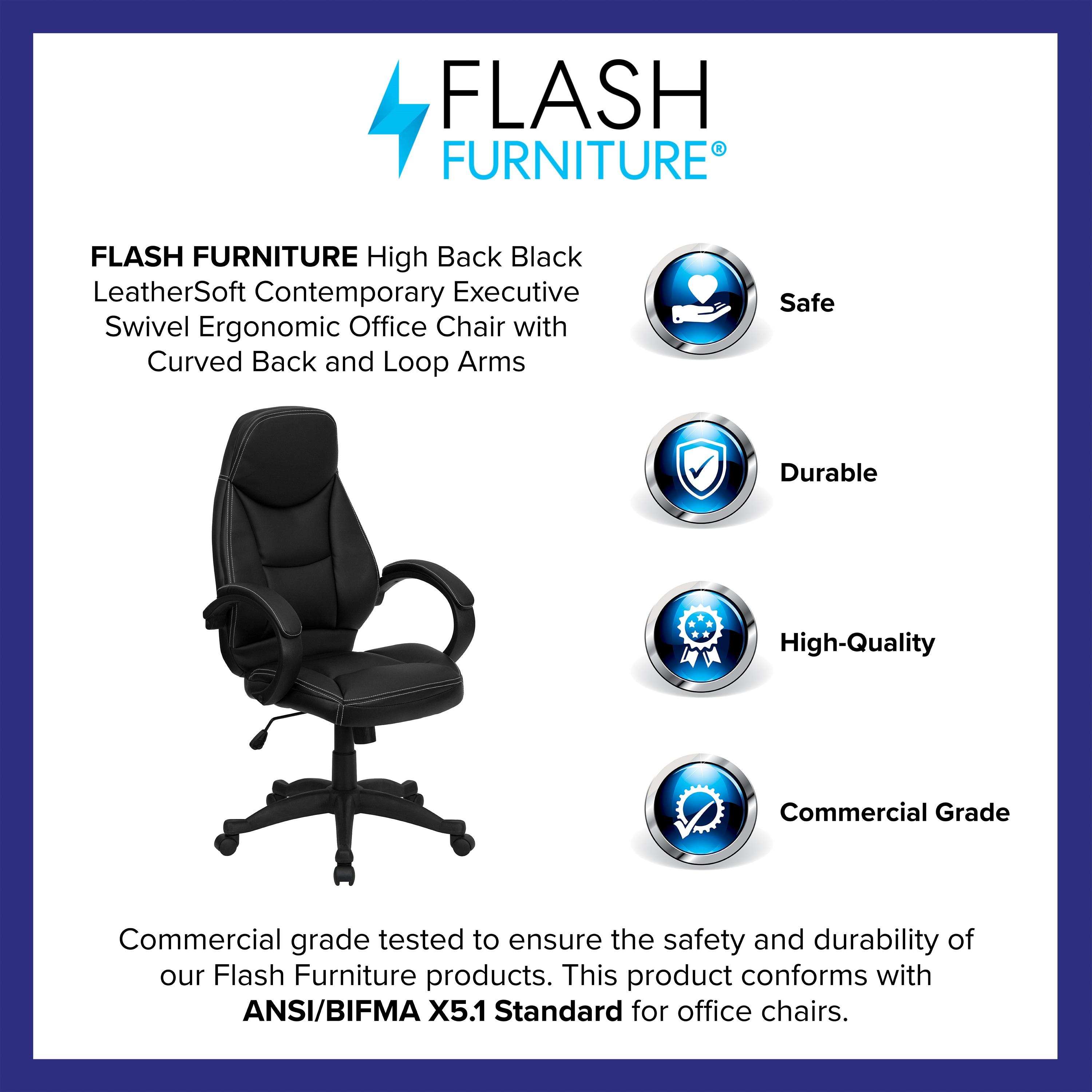 Flash Furniture Leonard High Back Black LeatherSoft Contemporary Executive Swivel Ergonomic Office Chair with Curved Back and Loop Arms