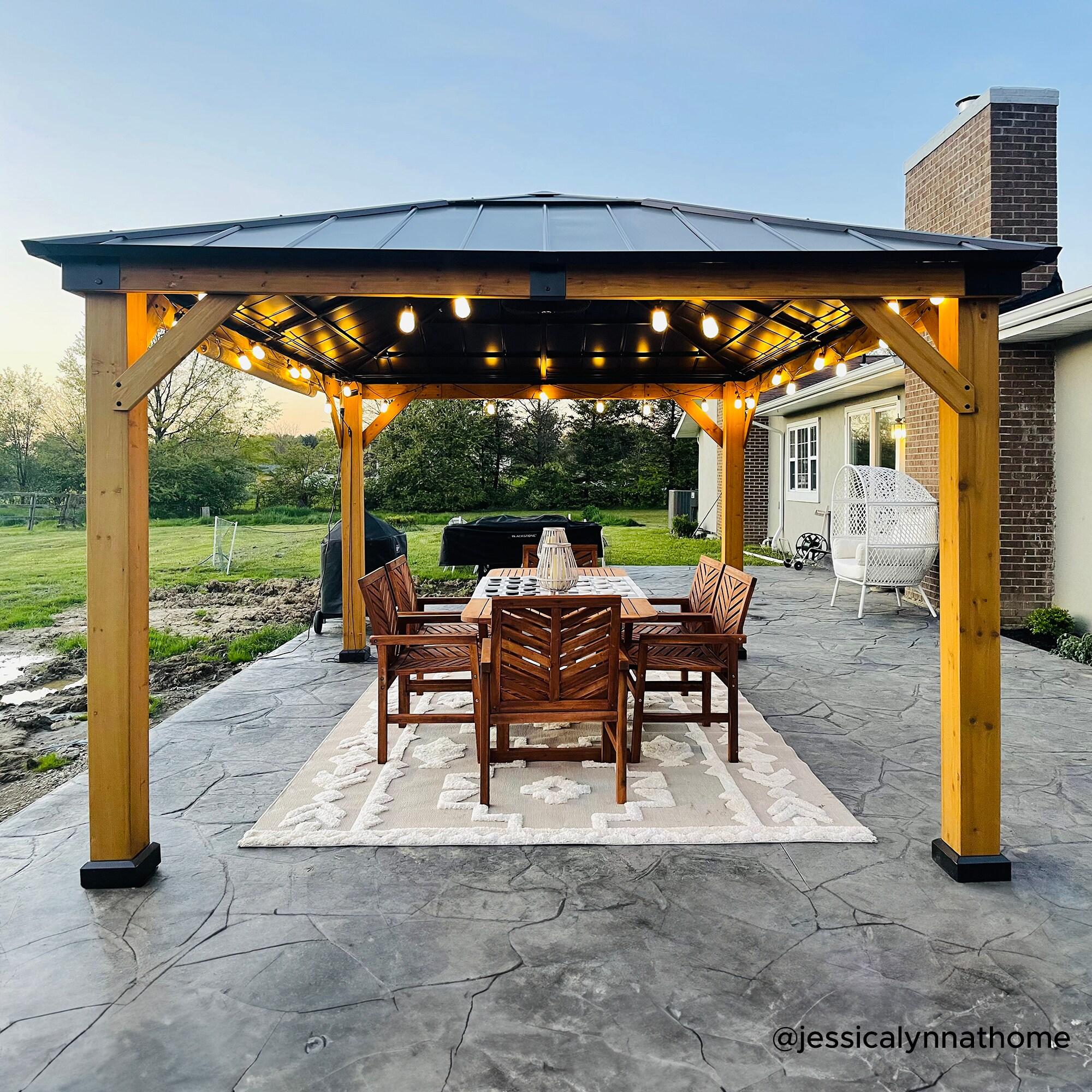 Sunjoy Hardtop Gazebo 11 x 13 ft. Upgrade Cedar Framed Wood Gazebos with Brown Steel and Polycarbonate Hip Roof Hardtop for Garden, Backyard Shade,