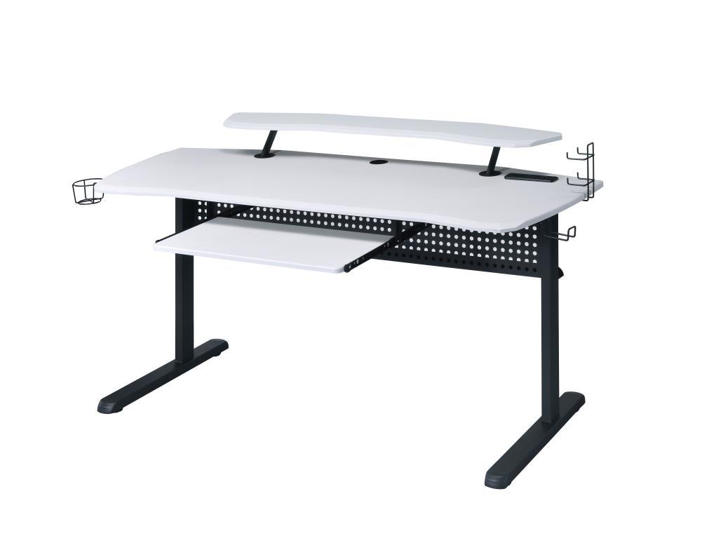 Vildre Gaming Desk with USB Port Black/White - Acme Furniture: Hutch, Power Outlets, Cupholder, Controller Stand
