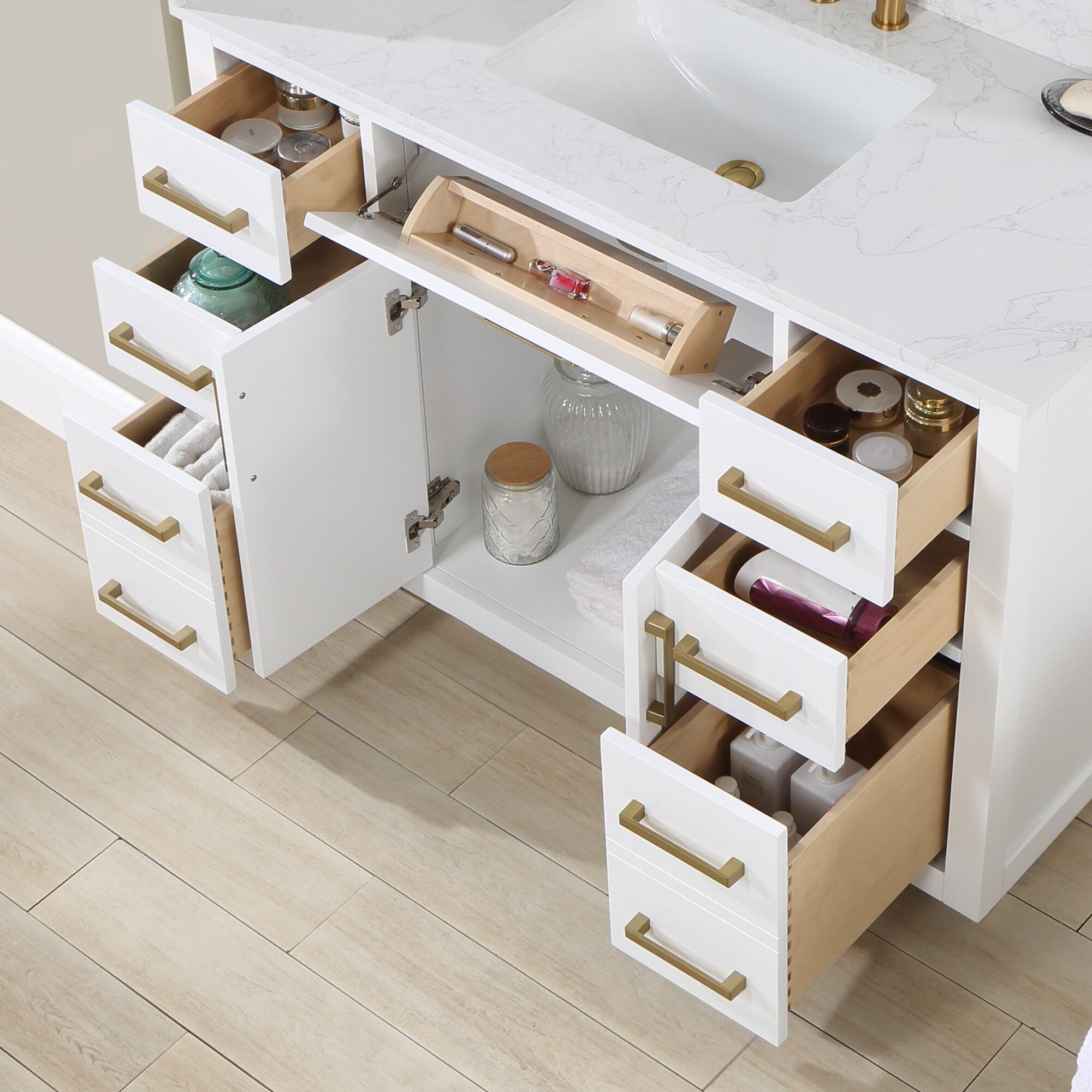 Gavino 48" Wood Vanity in White with Grain White Composite Stone Top and Mirror