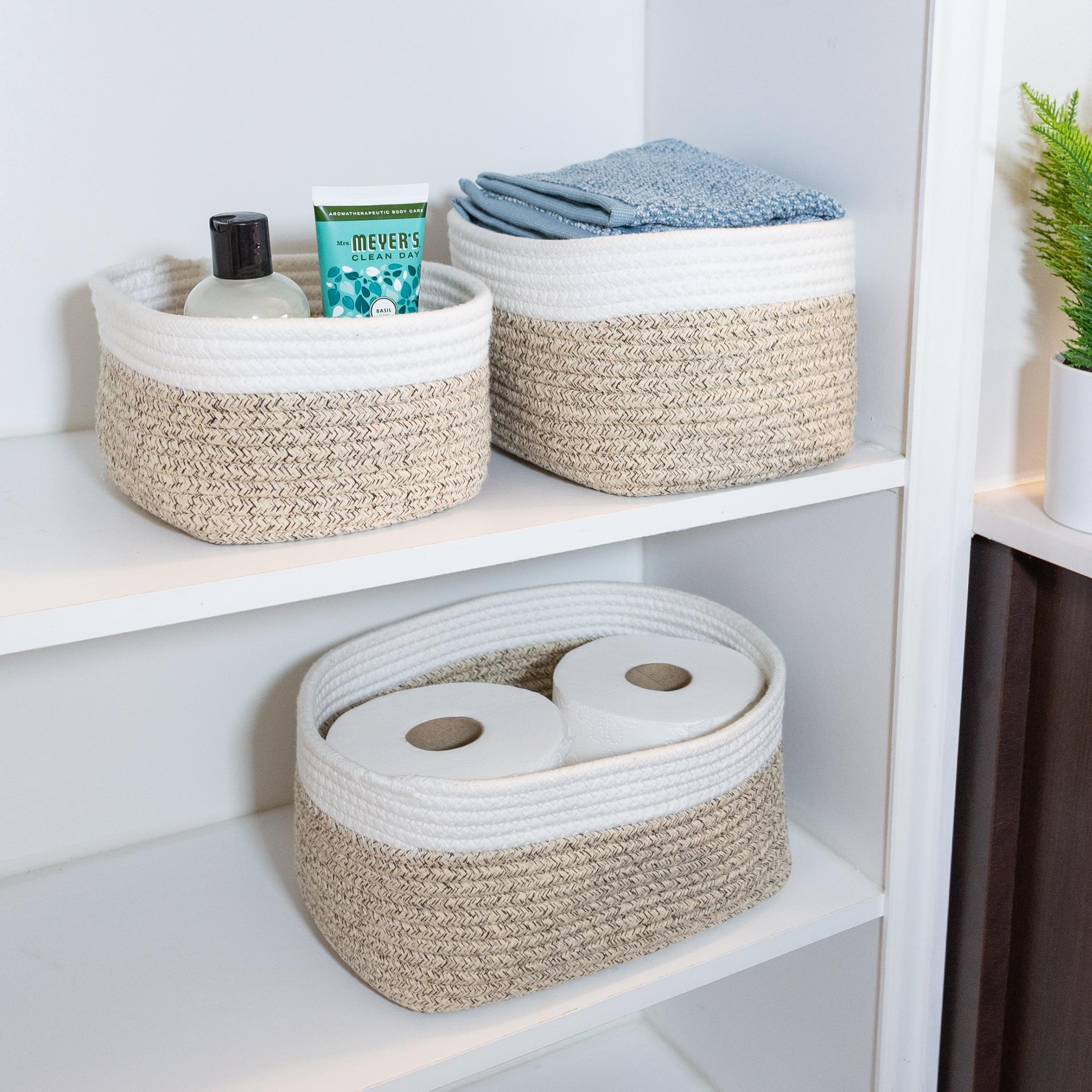 Home-Complete 3pc Storage Basket Set Natural: Cotton Square Decorative Bins for Shelves, Hand Wash, 12"x8.5"x5.5"
