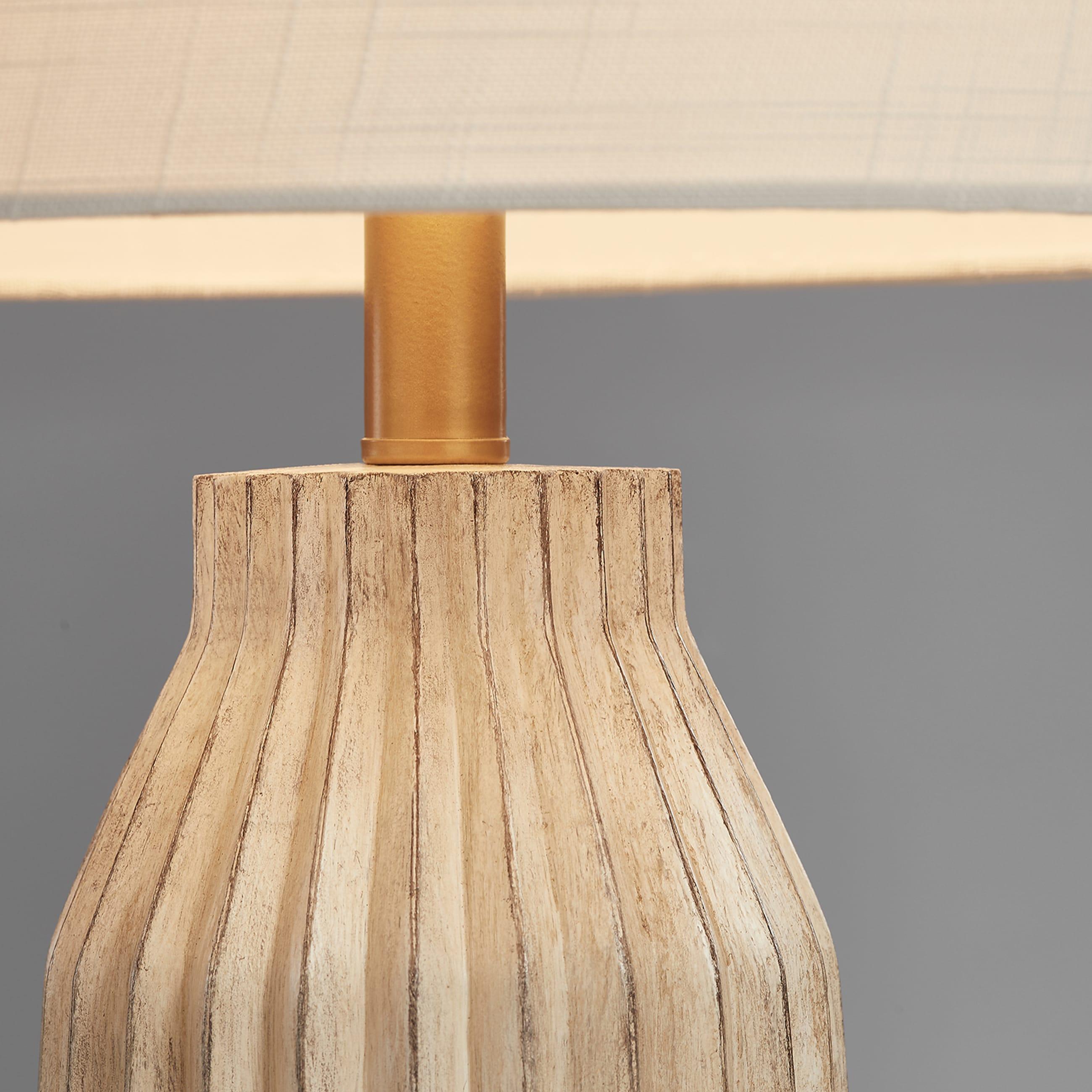 KAWOTI 24" Farmhouse Resin Table Lamp, Weathered White Table Lamp with Bamboo Pattern Shade for Bedroom