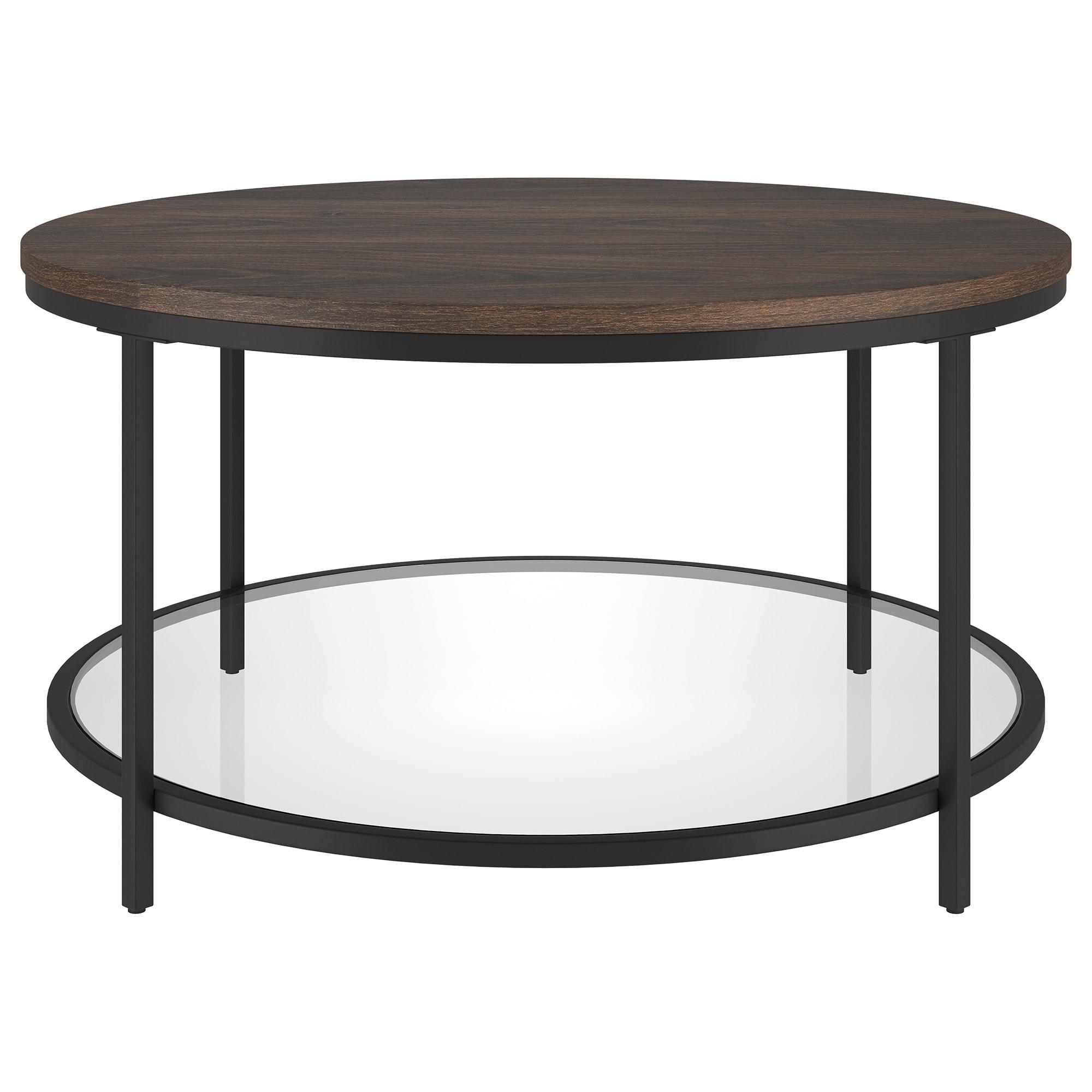 Evelyn&Zoe Sevilla 32'' Wide Round Coffee Table with MDF Top and Glass Shelf, Blackened Bronze/Alder Brown